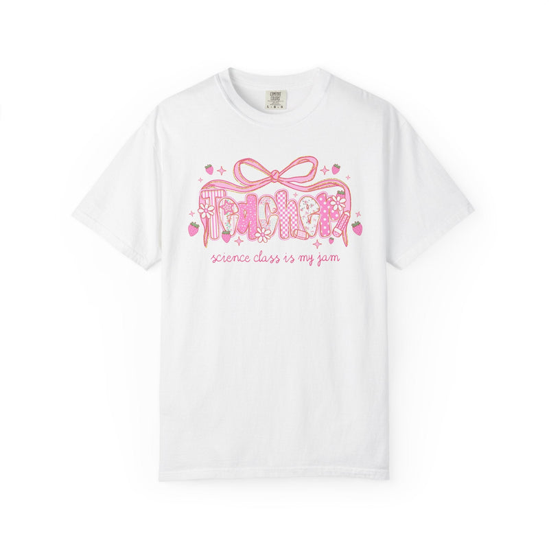 Science Teacher Tee Shirt for Science Department Squad or Crew, Floral Boho Strawberry T-Shirt with Messy Coquette Bow, Fruit Lover Teacher - Opal and June