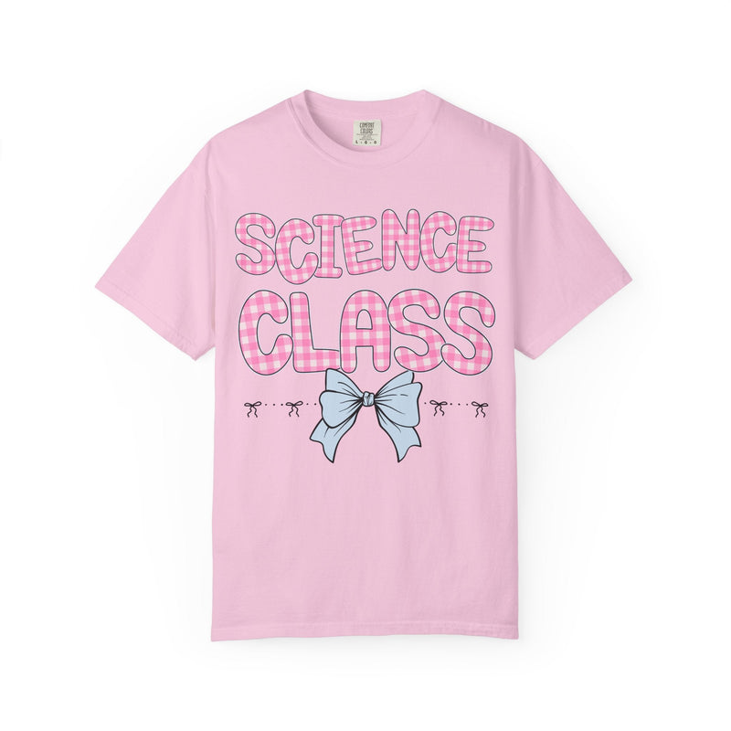 Science Teacher Tee Shirt with Pink Gingham Letters, First Day of School, Back to School Matching Teacher Tee with Bow, Soft Girl Style - Opal and June
