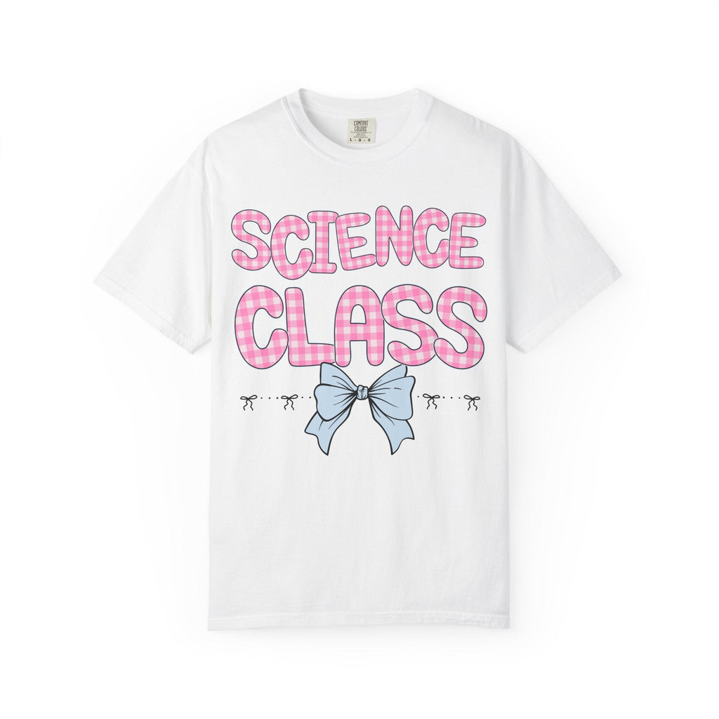 Science Teacher Tee Shirt with Pink Gingham Letters, First Day of School, Back to School Matching Teacher Tee with Bow, Soft Girl Style - Opal and June