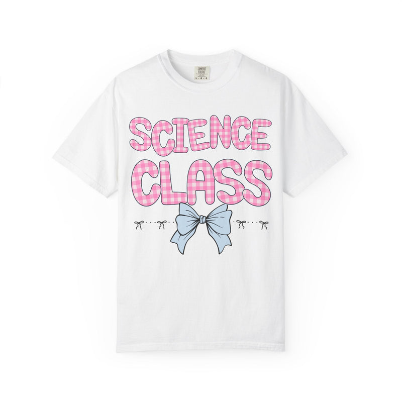 Science Teacher Tee Shirt with Pink Gingham Letters, First Day of School, Back to School Matching Teacher Tee with Bow, Soft Girl Style - Opal and June