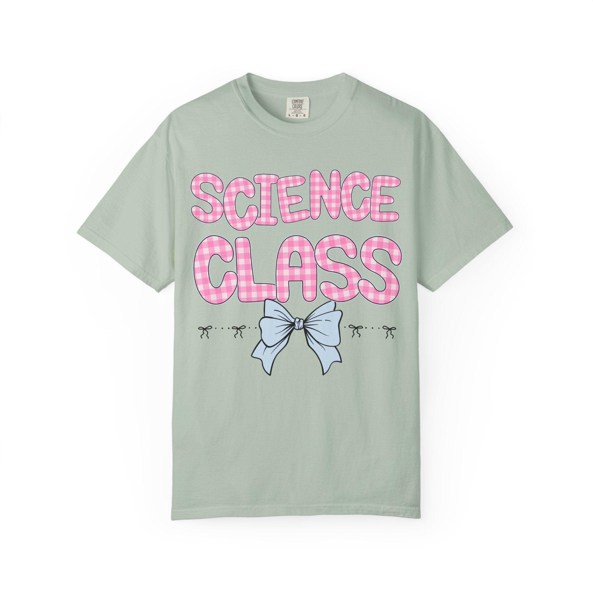 Science Teacher Tee Shirt with Pink Gingham Letters, First Day of School, Back to School Matching Teacher Tee with Bow, Soft Girl Style - Opal and June