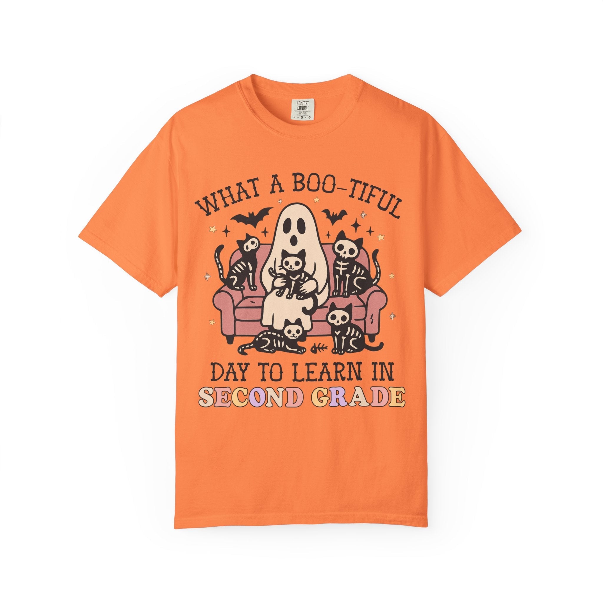 Second Grade Halloween Teacher Tee Shirt with Cute Spooky Cats, Matching Teacher T-Shirt for Halloween, Nostalgic Halloween Funny Saying Tee - Opal and June