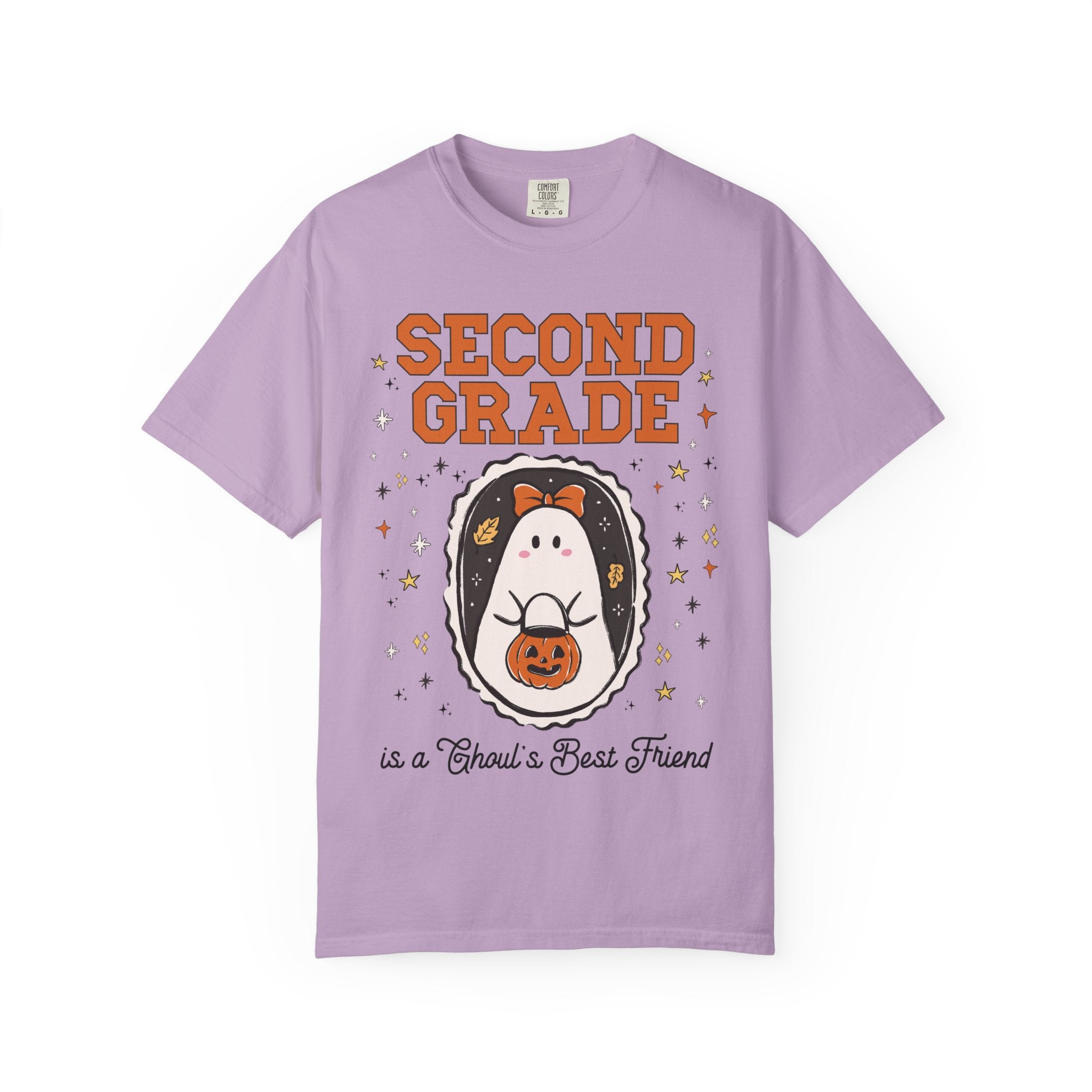 Second Grade Halloween Teacher Tee Shirt with Stars, Cute Ghost Lover Tee for Fall, Matching Second Grade Crew Halloween Tee, 90s Throwback - Opal and June