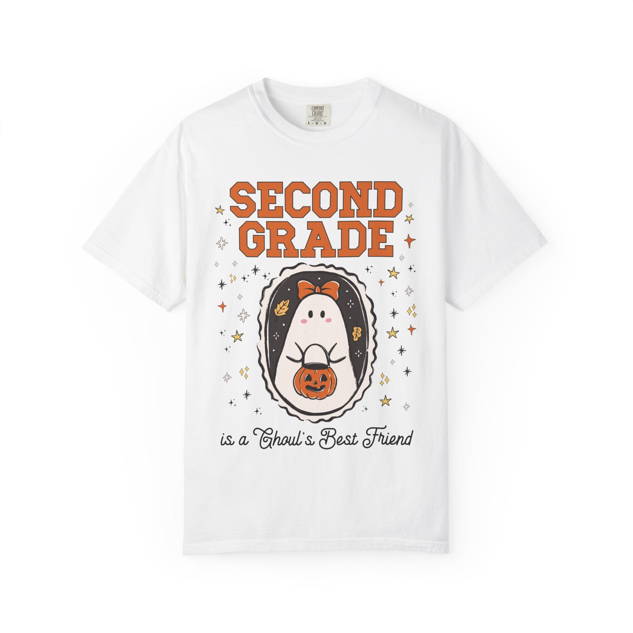 Second Grade Halloween Teacher Tee Shirt with Stars, Cute Ghost Lover Tee for Fall, Matching Second Grade Crew Halloween Tee, 90s Throwback - Opal and June