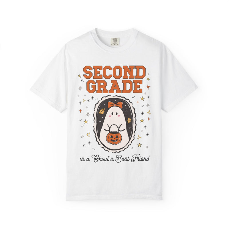 Second Grade Halloween Teacher Tee Shirt with Stars, Cute Ghost Lover Tee for Fall, Matching Second Grade Crew Halloween Tee, 90s Throwback - Opal and June