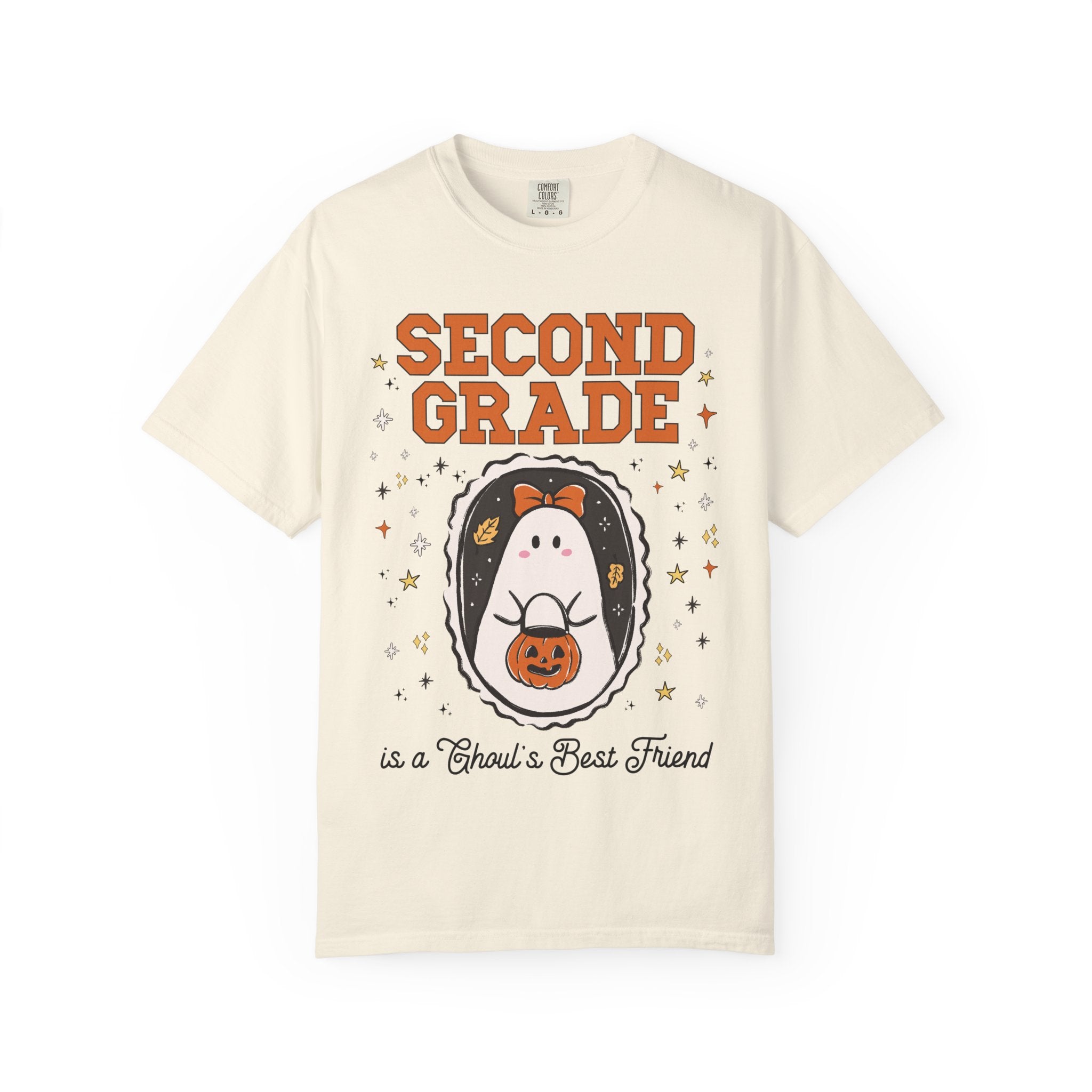 Second Grade Halloween Teacher Tee Shirt with Stars, Cute Ghost Lover Tee for Fall, Matching Second Grade Crew Halloween Tee, 90s Throwback - Opal and June