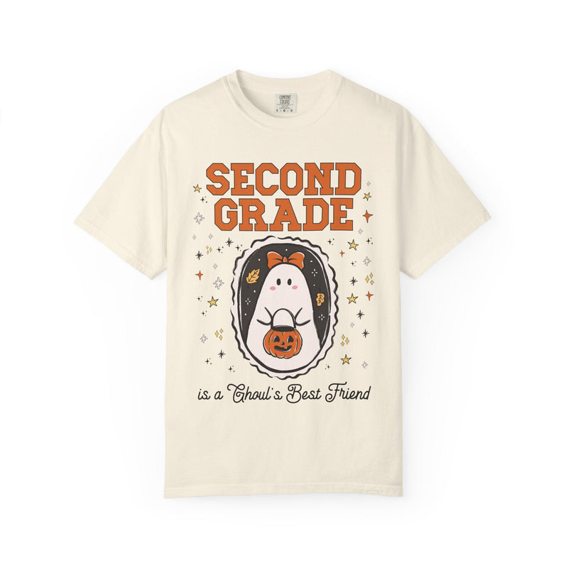 Second Grade Halloween Teacher Tee Shirt with Stars, Cute Ghost Lover Tee for Fall, Matching Second Grade Crew Halloween Tee, 90s Throwback - Opal and June