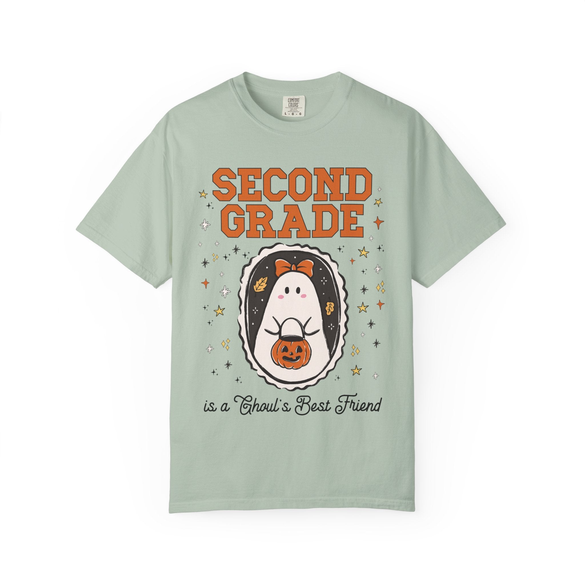Second Grade Halloween Teacher Tee Shirt with Stars, Cute Ghost Lover Tee for Fall, Matching Second Grade Crew Halloween Tee, 90s Throwback - Opal and June