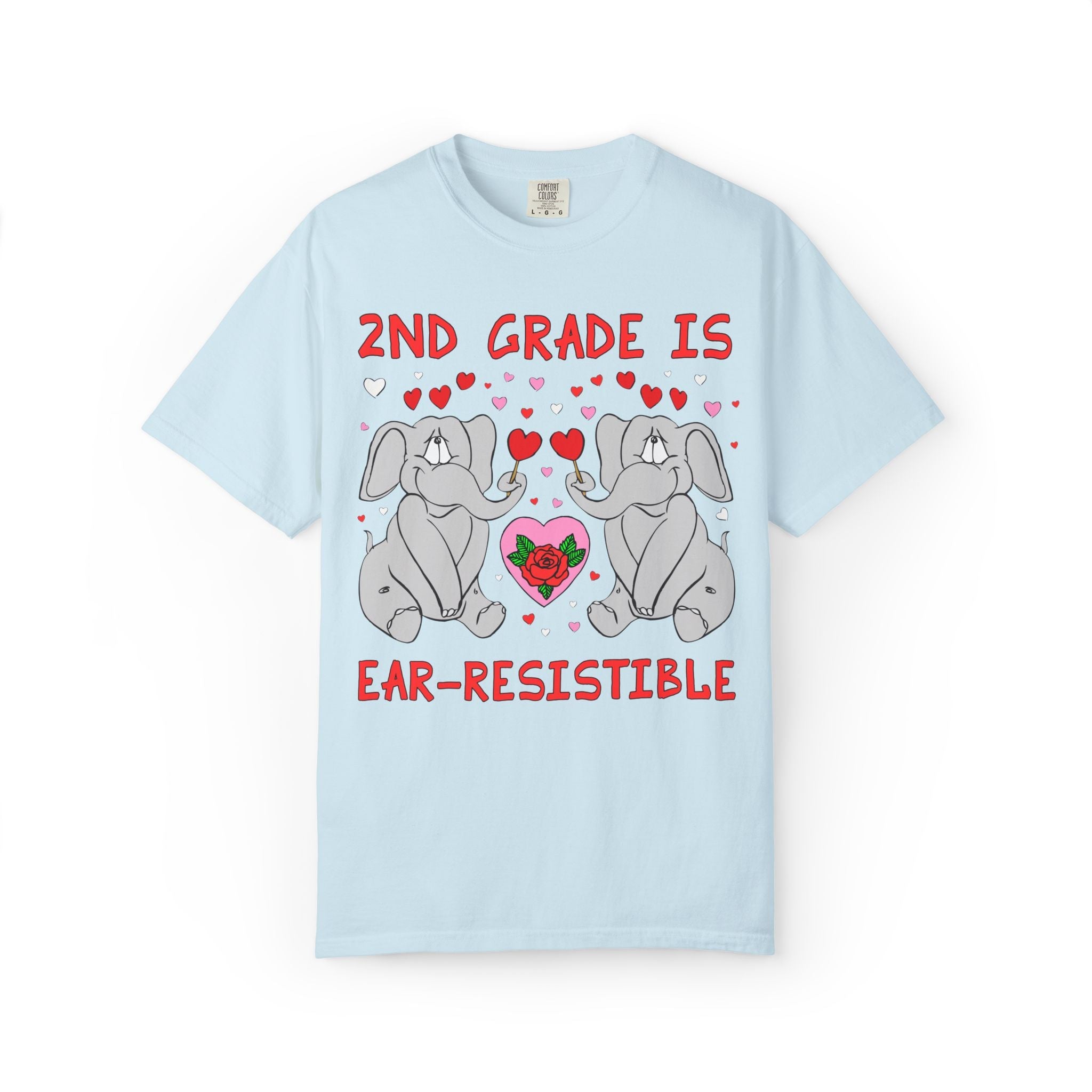 Second Grade is Ear - Resistible! Valentine's Day Teacher Tee: Funny Animal Lover T-Shirt with Elephant and Hearts, Cute Matching Teacher Tee - Opal and June