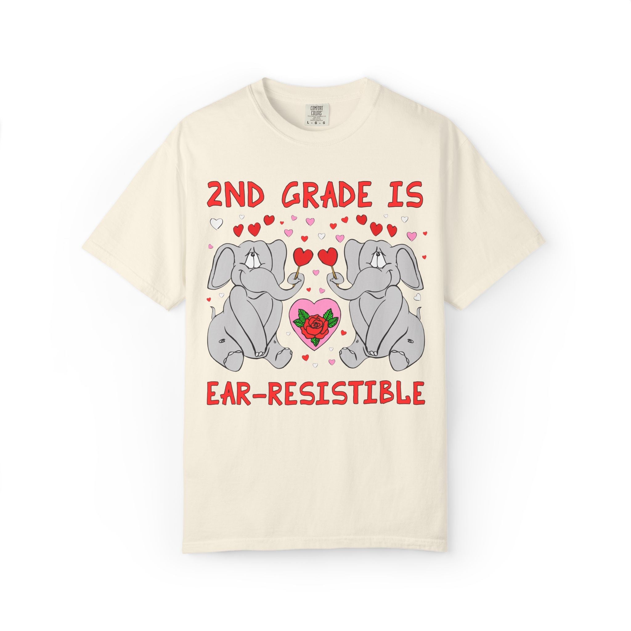 Second Grade is Ear - Resistible! Valentine's Day Teacher Tee: Funny Animal Lover T-Shirt with Elephant and Hearts, Cute Matching Teacher Tee - Opal and June