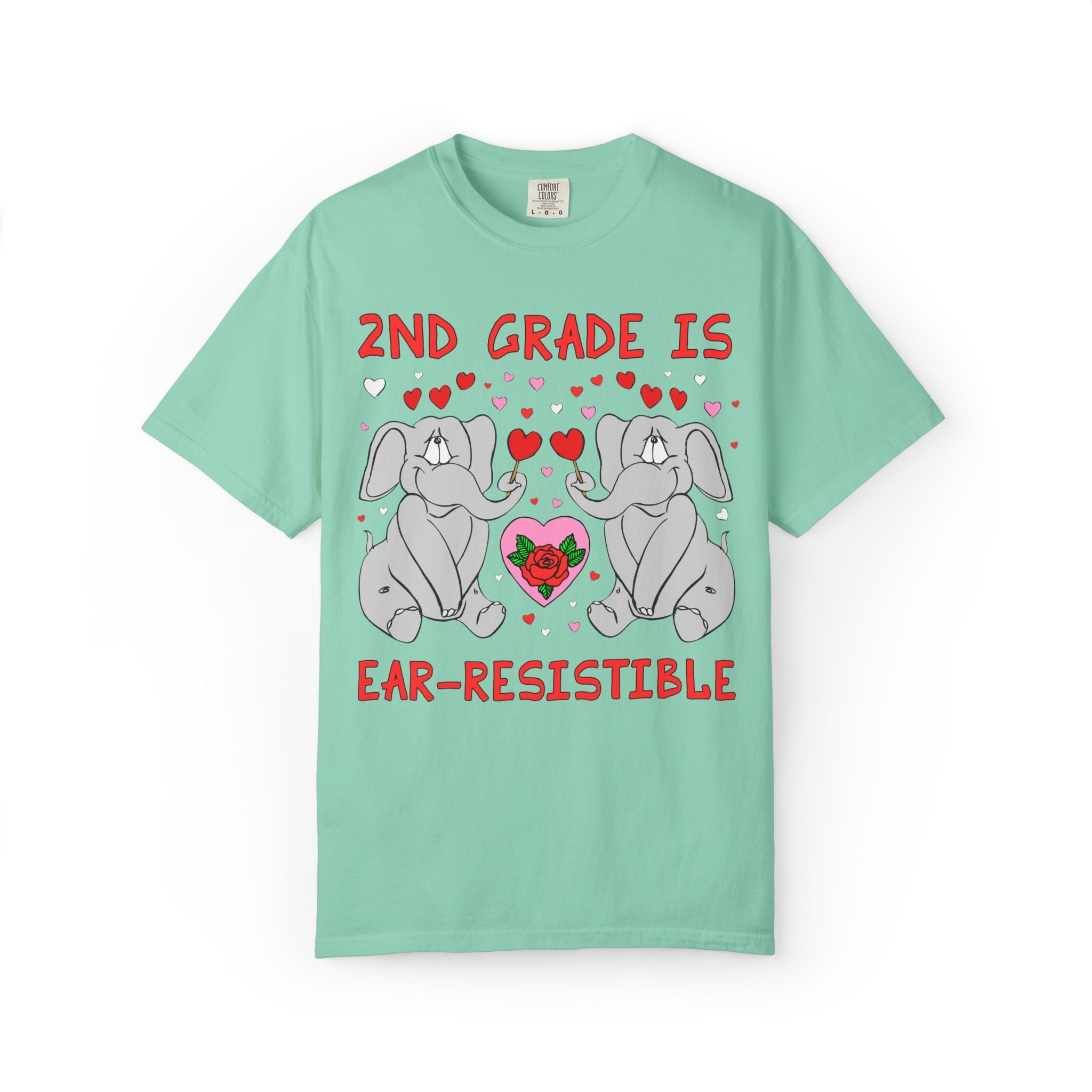 Second Grade is Ear - Resistible! Valentine's Day Teacher Tee: Funny Animal Lover T-Shirt with Elephant and Hearts, Cute Matching Teacher Tee - Opal and June