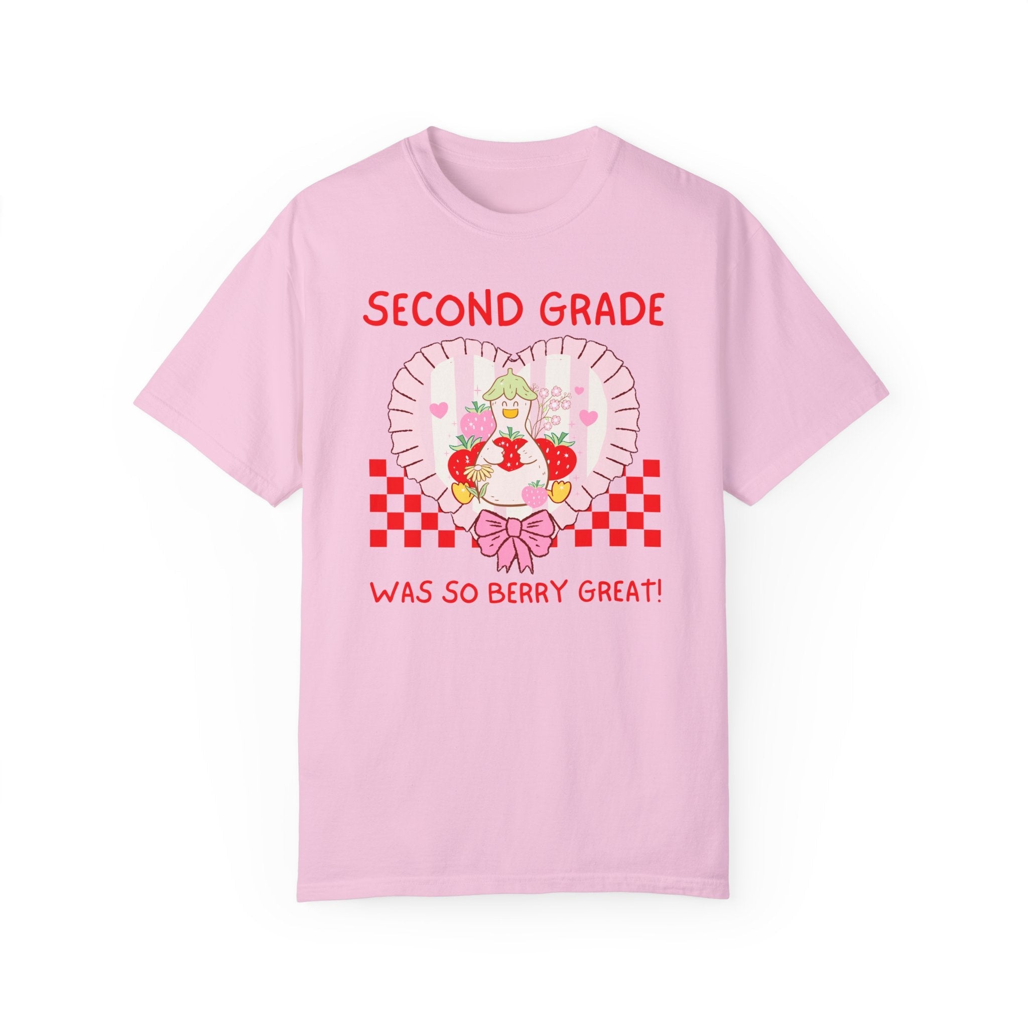 Second Grade Last Day of School Teacher Tee Shirt with Silly Goose Holding Strawberries in a Heart, Cute Matching Second Grade Crew T-Shirt - Opal and June