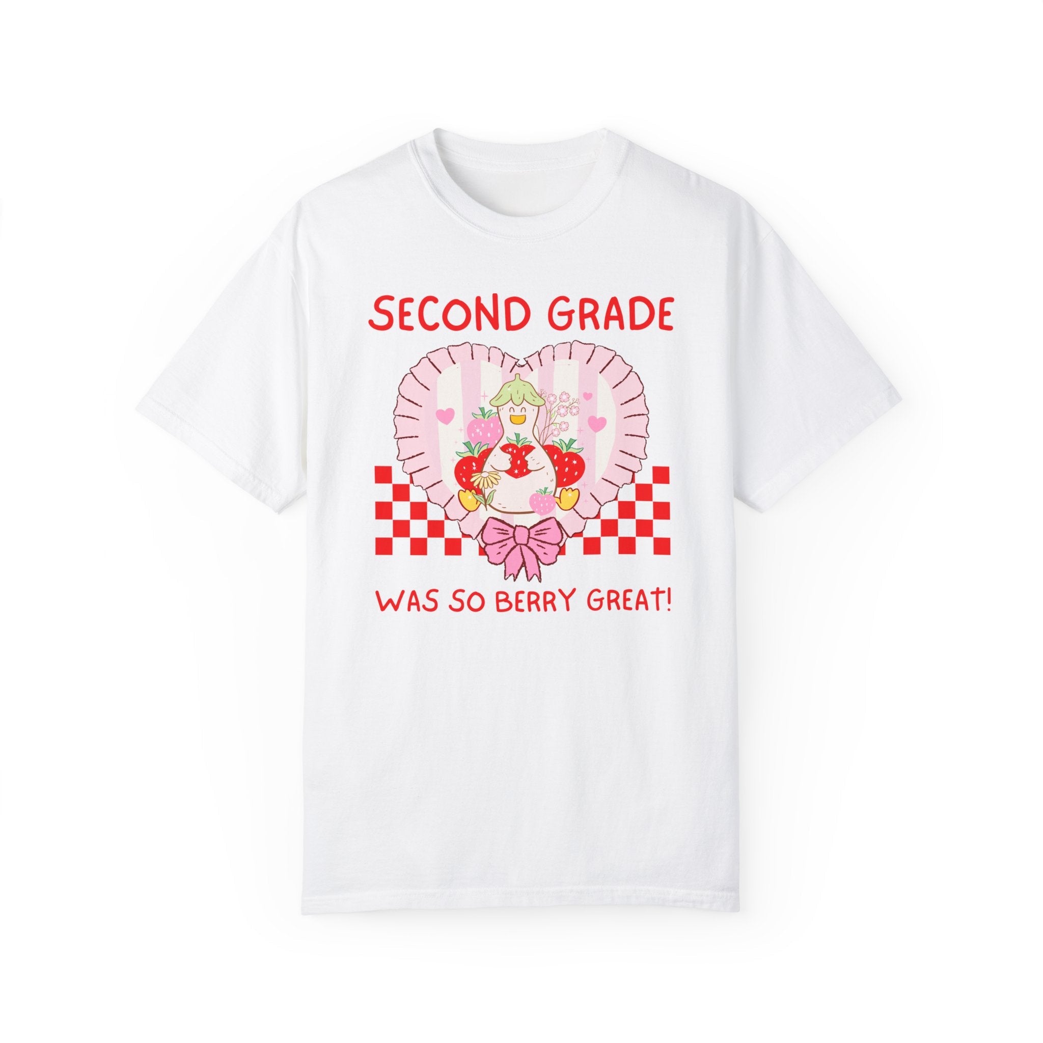 Second Grade Last Day of School Teacher Tee Shirt with Silly Goose Holding Strawberries in a Heart, Cute Matching Second Grade Crew T-Shirt - Opal and June