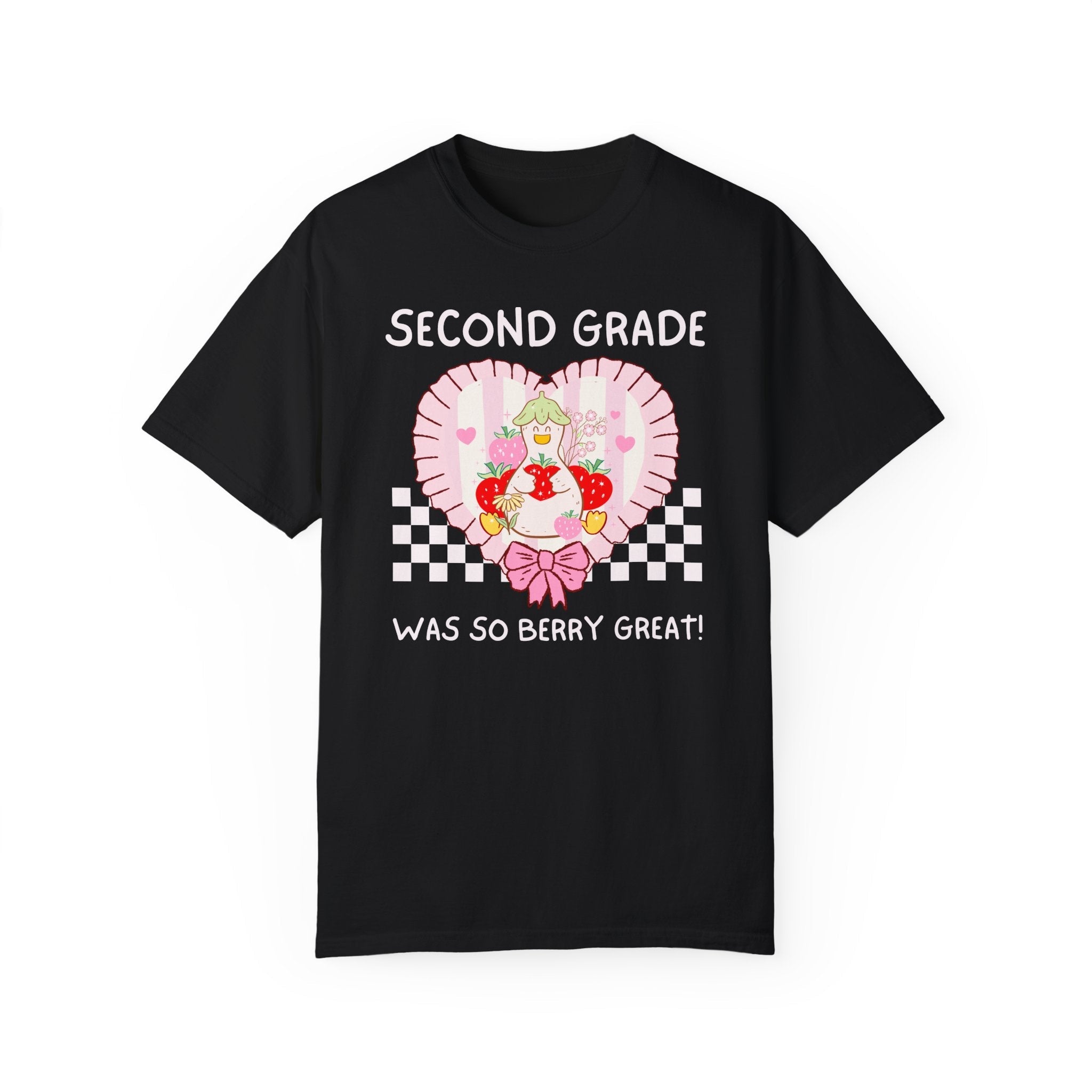 Second Grade Last Day of School Teacher Tee Shirt with Silly Goose Holding Strawberries in a Heart, Cute Matching Second Grade Crew T-Shirt - Opal and June