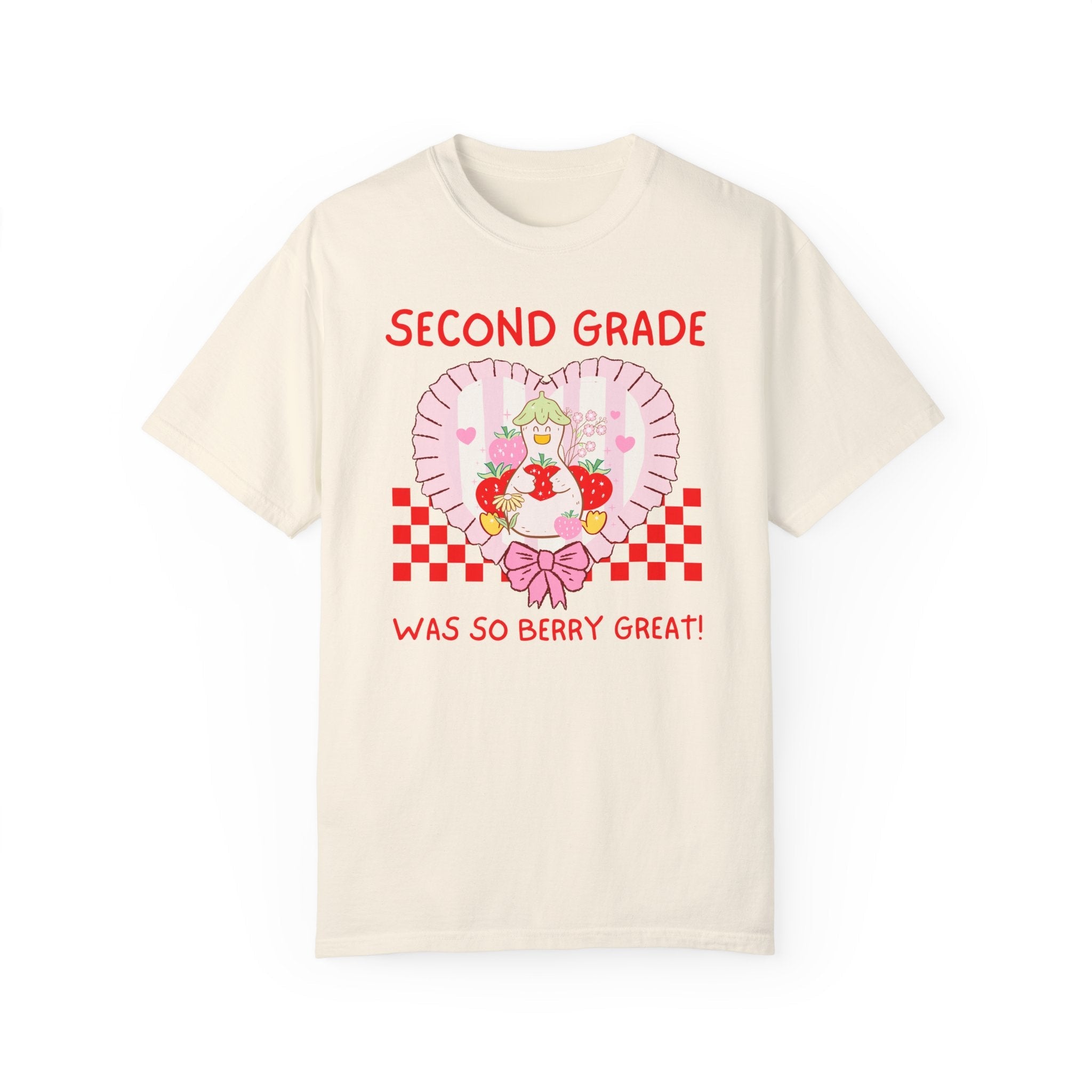 Second Grade Last Day of School Teacher Tee Shirt with Silly Goose Holding Strawberries in a Heart, Cute Matching Second Grade Crew T-Shirt - Opal and June