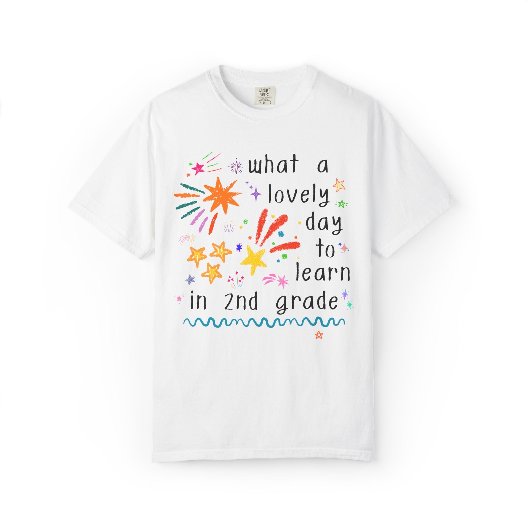 Second Grade Teacher Back to School T-Shirt for Teacher Team or Student Teacher: What a Lovely Day to Learn! | Colorful Maximalist 90s Vibe - Opal and June