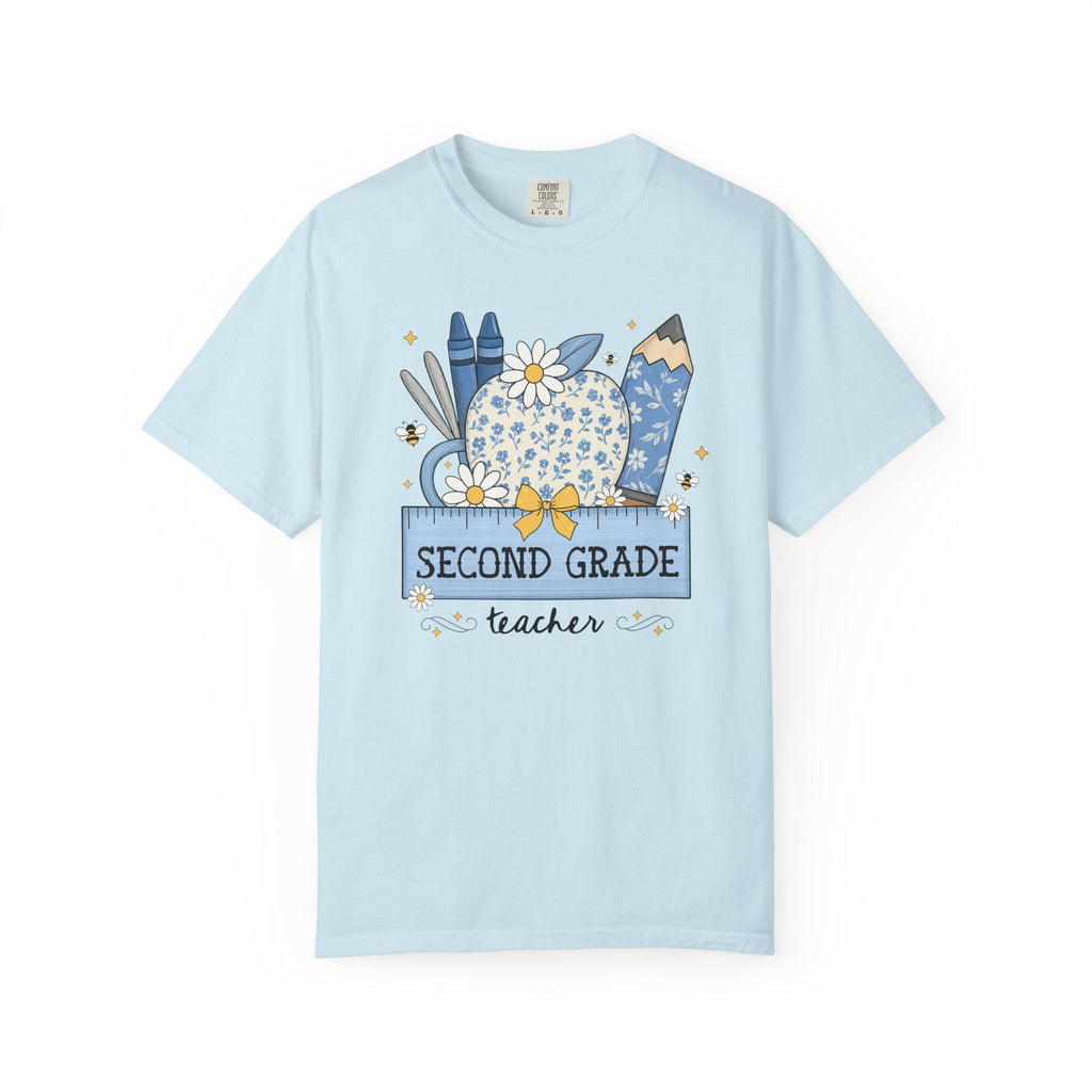 Second Grade Teacher Flower Tee Shirt with Floral Apple, Cute Cottagecore T-Shirt with Bees, Matching Second Grade Crew Back to School Tee - Opal and June