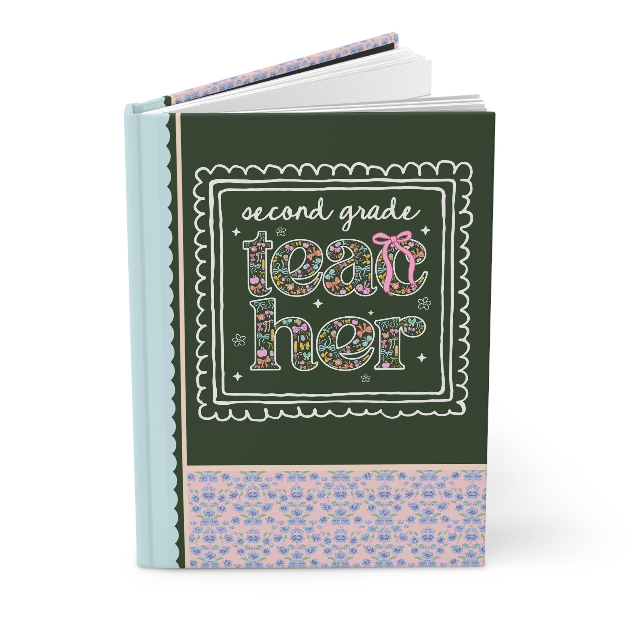Second Grade Teacher Notebook, Back to School, Cute Second Grade Crew Floral Notebooks with Bow, Cute Nineties Aesthetic Doodles Team Gift - Opal and June