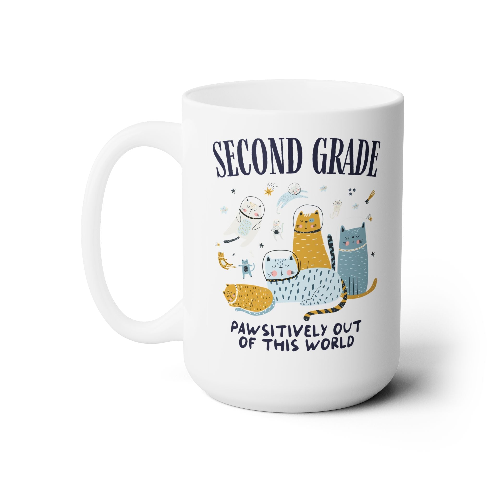 Second Grade Teacher Space Cat 15 Oz Coffee Mug with Astronaut Kittens and Stars: Pawsitively Out of This World Teacher Team Mug for Cat Lover - Opal and June