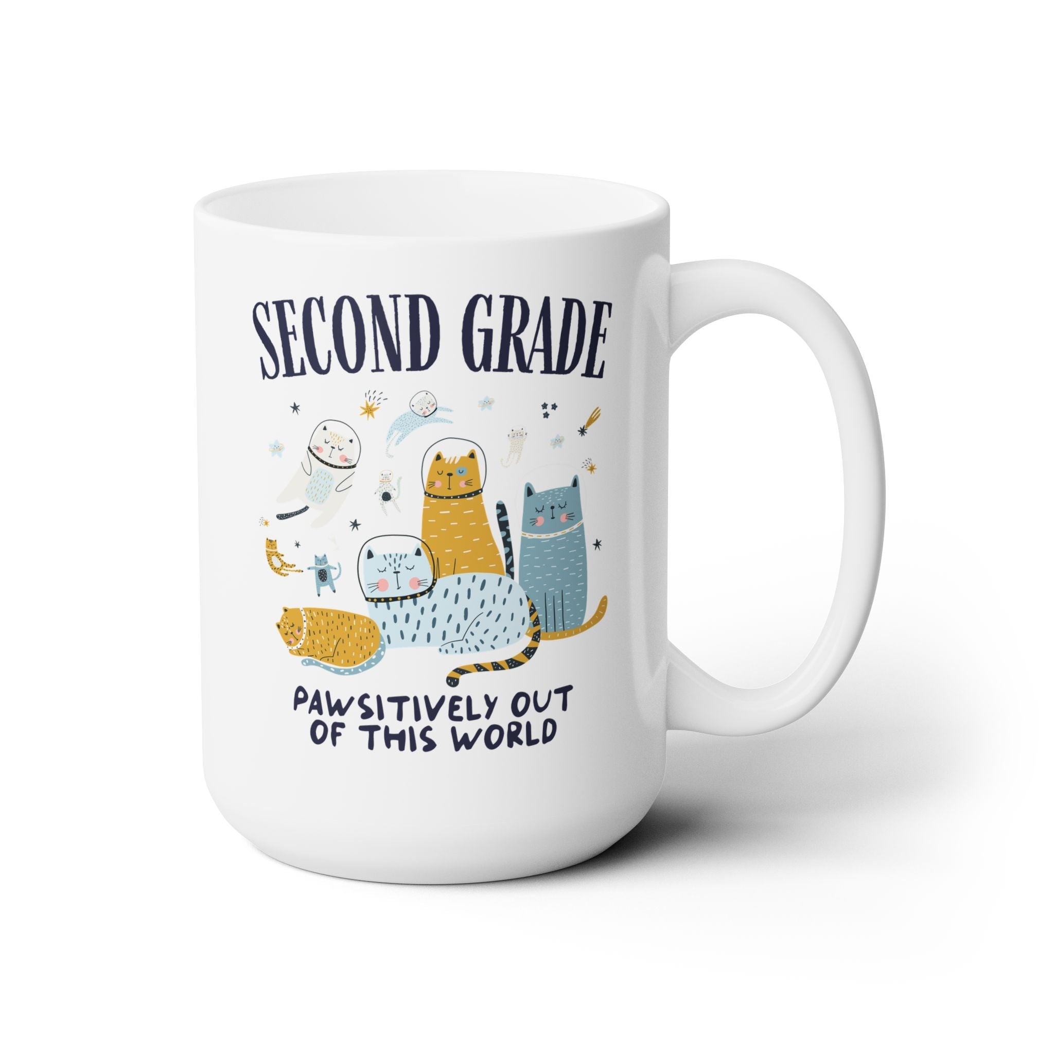 Second Grade Teacher Space Cat 15 Oz Coffee Mug with Astronaut Kittens and Stars: Pawsitively Out of This World Teacher Team Mug for Cat Lover - Opal and June