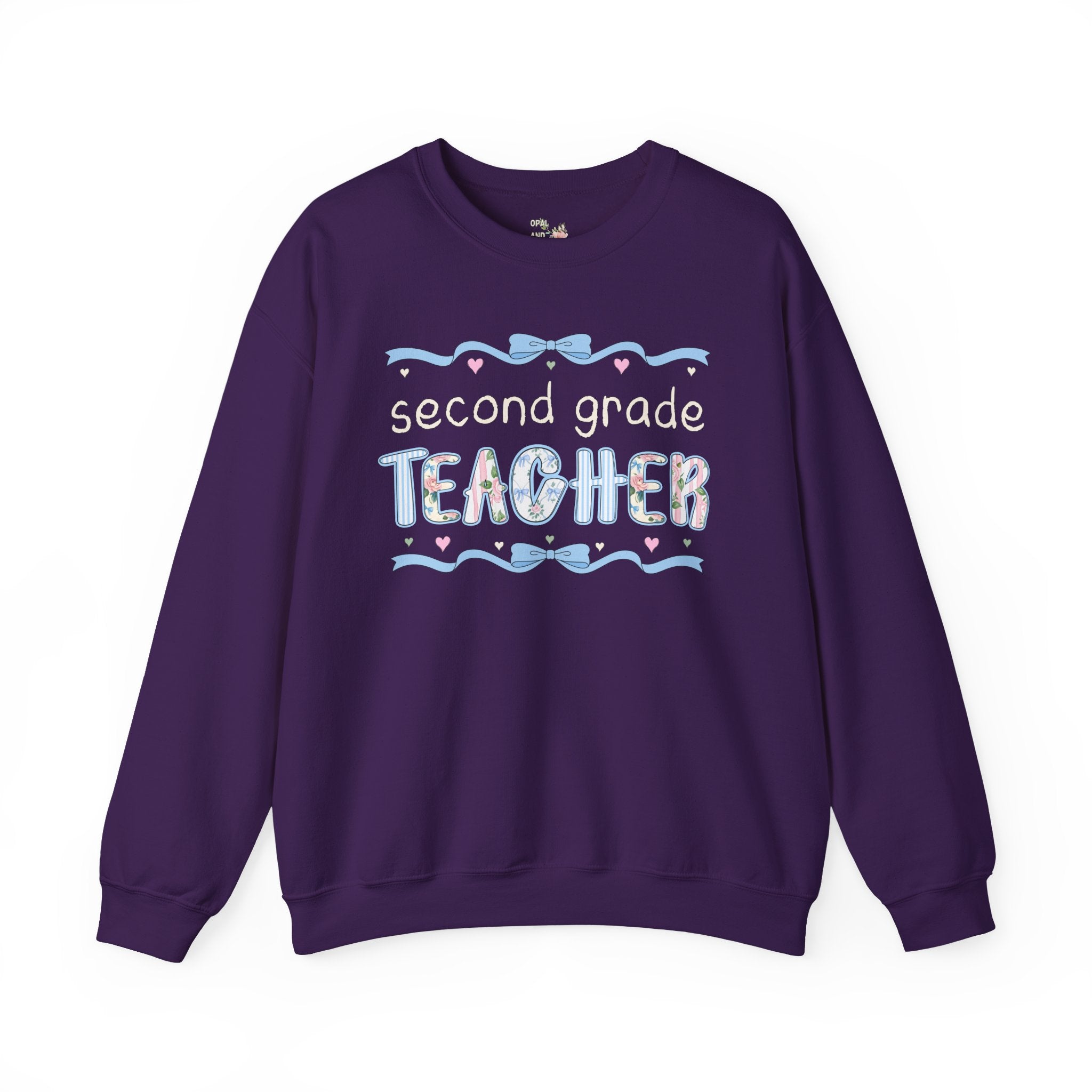 Second Grade Teacher Sweatshirt, Back to School, Cute First Day of School Teacher Shirt with Bow, Boho 90s Aesthetic Teacher Team Crewneck - Opal and June