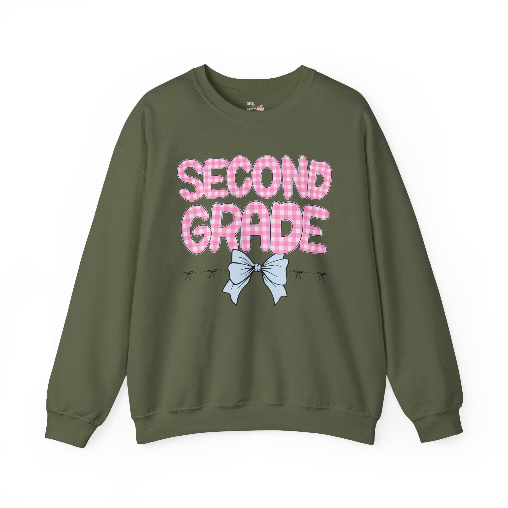 Second Grade Teacher Sweatshirt, Pink Gingham Letters, First Day of School, Back to School Matching Teacher Shirt with Bow, Soft Girl Style - Opal and June