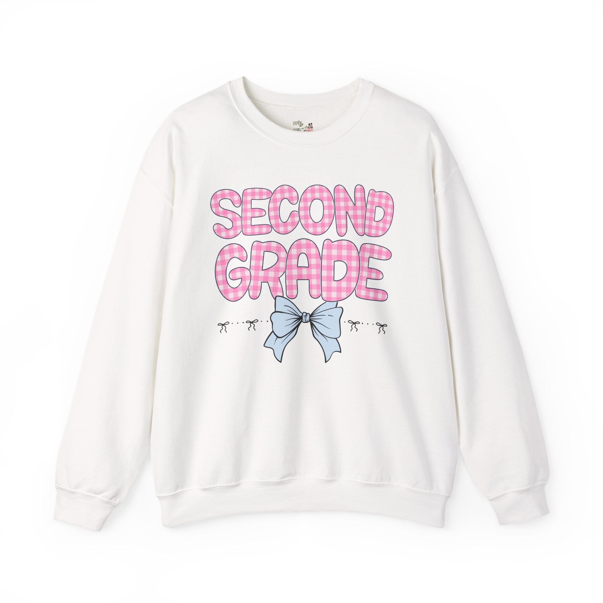 Second Grade Teacher Sweatshirt, Pink Gingham Letters, First Day of School, Back to School Matching Teacher Shirt with Bow, Soft Girl Style - Opal and June