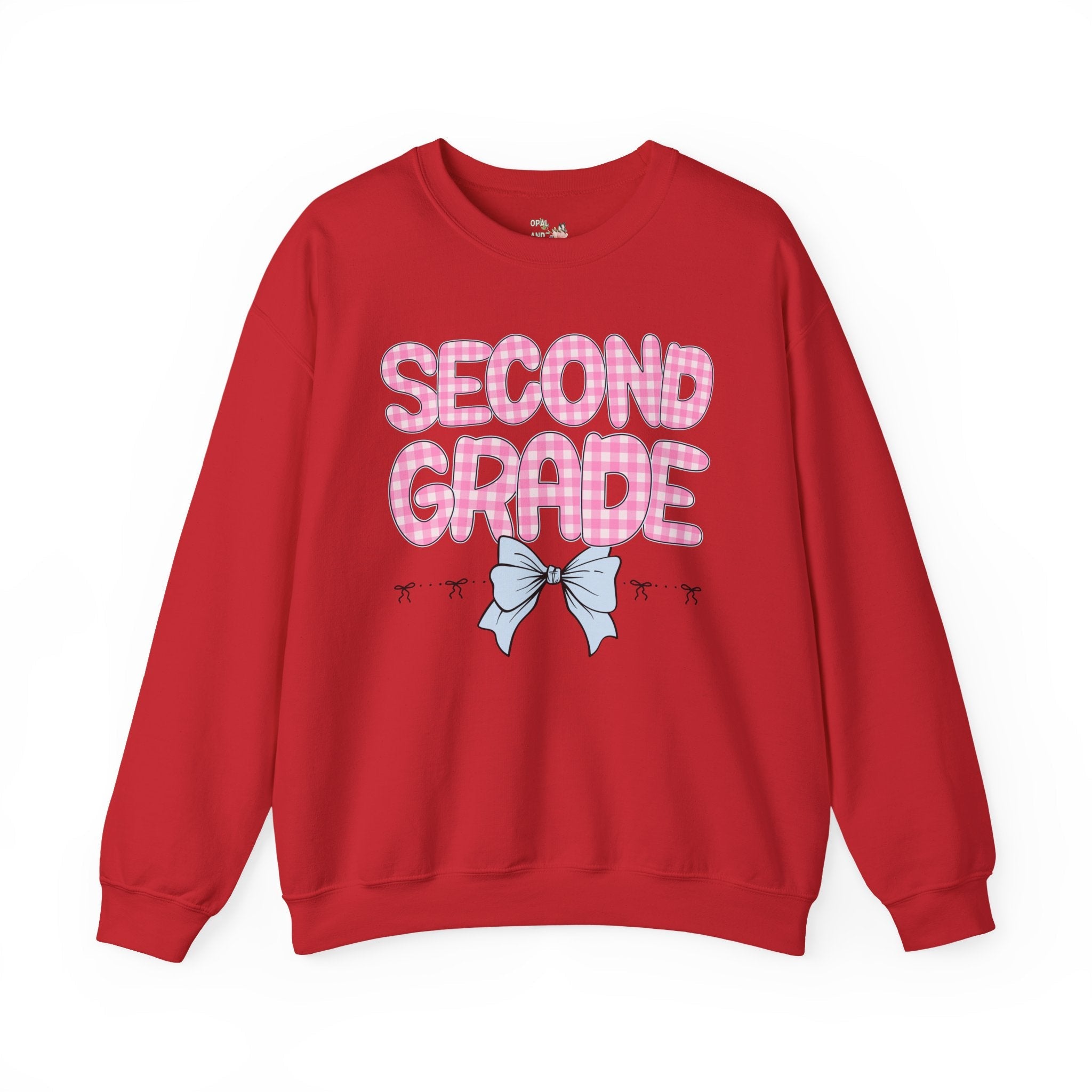 Second Grade Teacher Sweatshirt, Pink Gingham Letters, First Day of School, Back to School Matching Teacher Shirt with Bow, Soft Girl Style - Opal and June