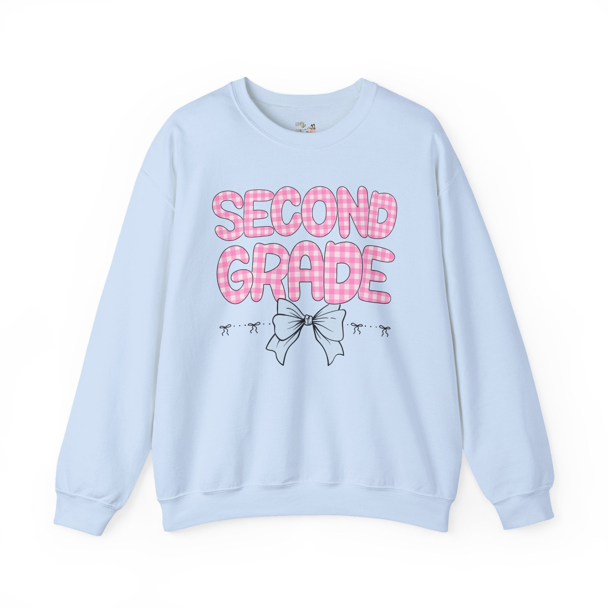 Second Grade Teacher Sweatshirt, Pink Gingham Letters, First Day of School, Back to School Matching Teacher Shirt with Bow, Soft Girl Style - Opal and June