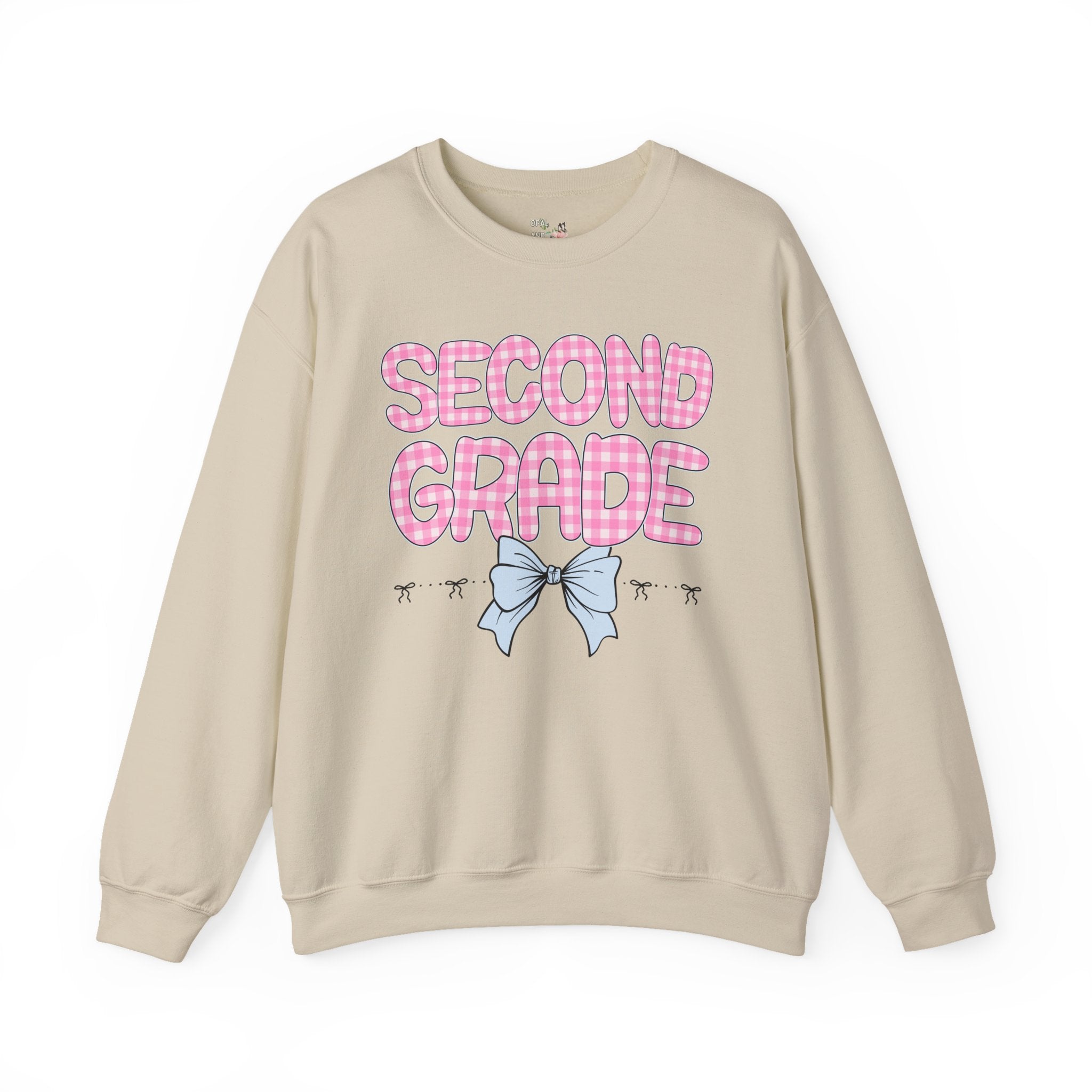 Second Grade Teacher Sweatshirt, Pink Gingham Letters, First Day of School, Back to School Matching Teacher Shirt with Bow, Soft Girl Style - Opal and June
