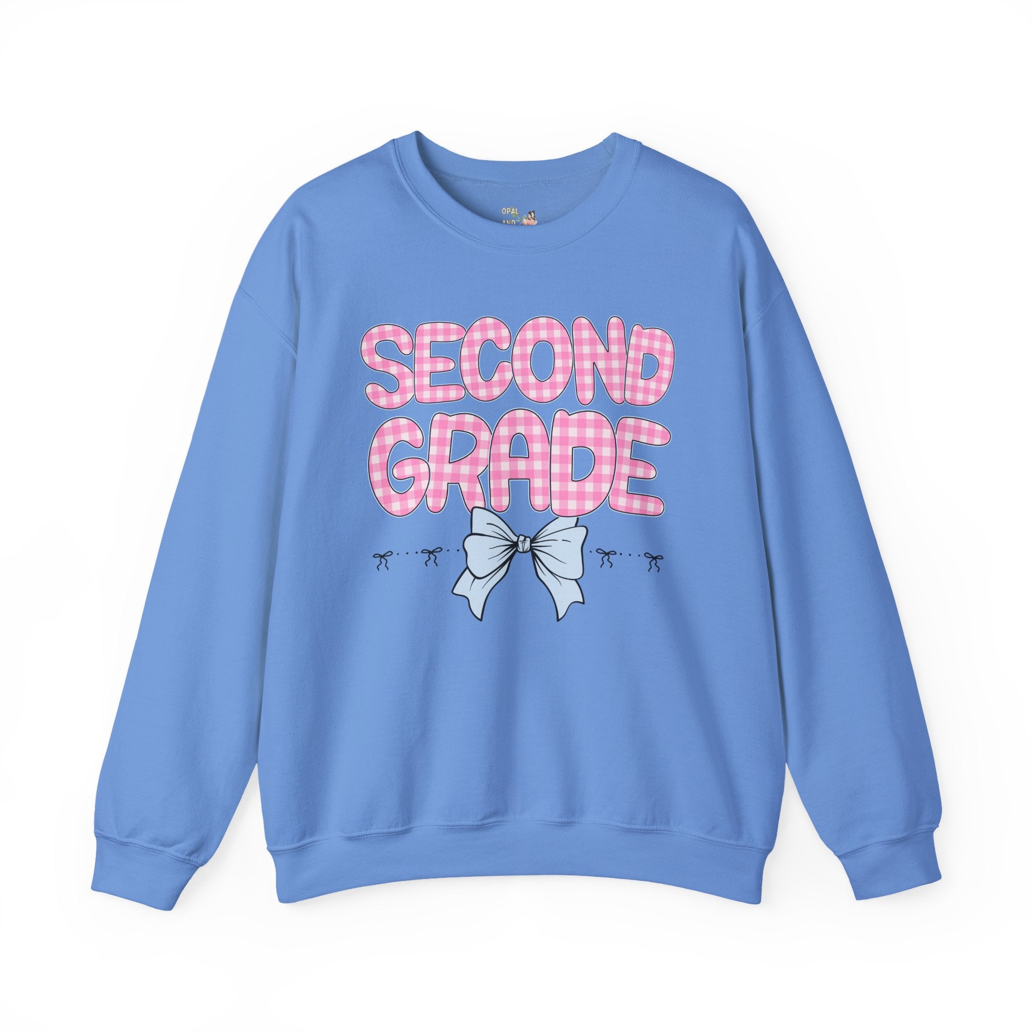 Second Grade Teacher Sweatshirt, Pink Gingham Letters, First Day of School, Back to School Matching Teacher Shirt with Bow, Soft Girl Style - Opal and June