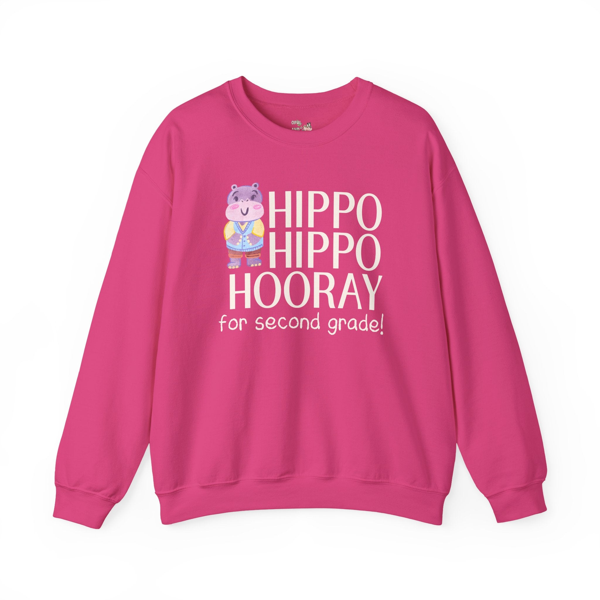 Second Grade Teacher Sweatshirt with Adorable Retro Hippo, Funny Back to School Teacher Team Crewneck for Animal Lover, New Teacher Gift - Opal and June