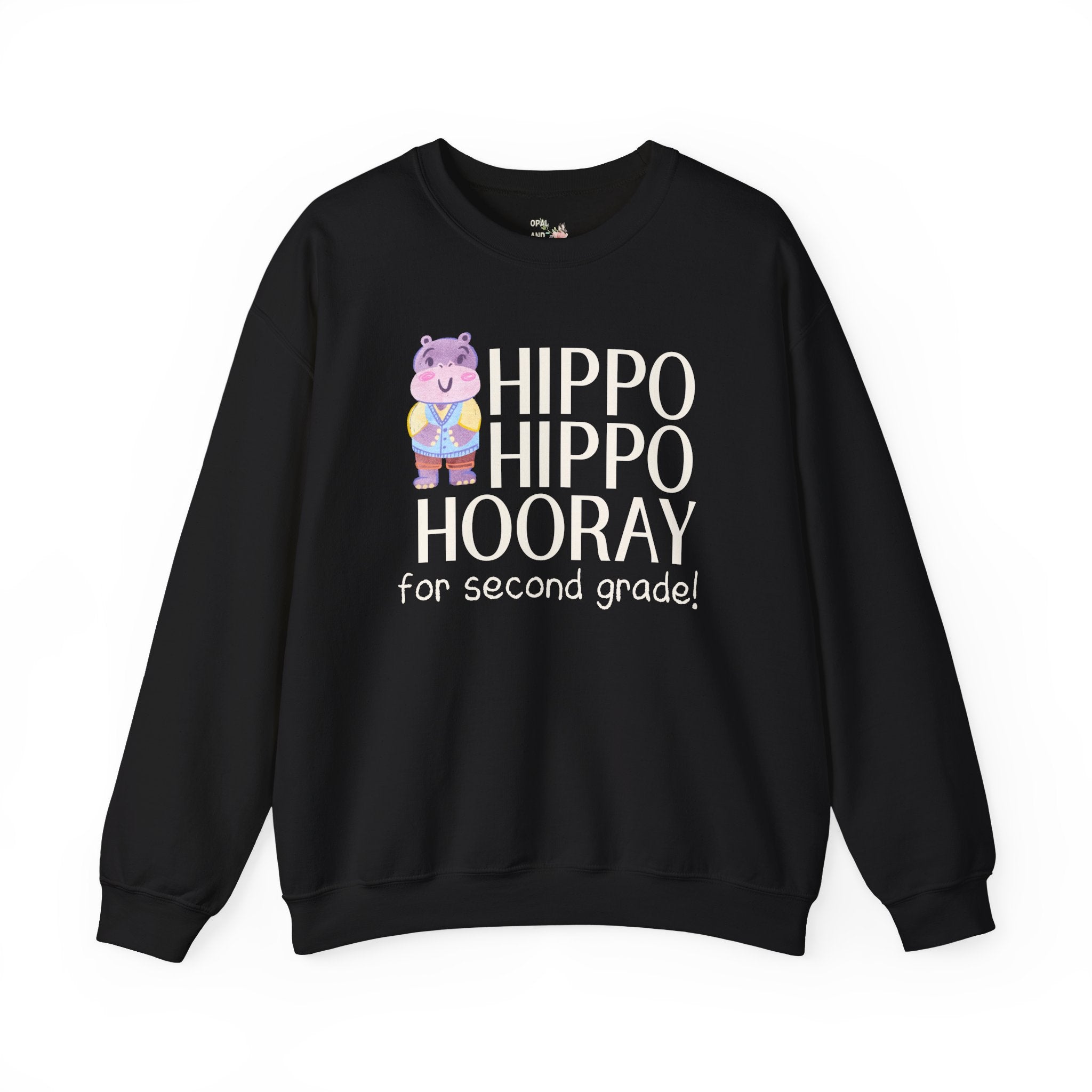 Second Grade Teacher Sweatshirt with Adorable Retro Hippo, Funny Back to School Teacher Team Crewneck for Animal Lover, New Teacher Gift - Opal and June