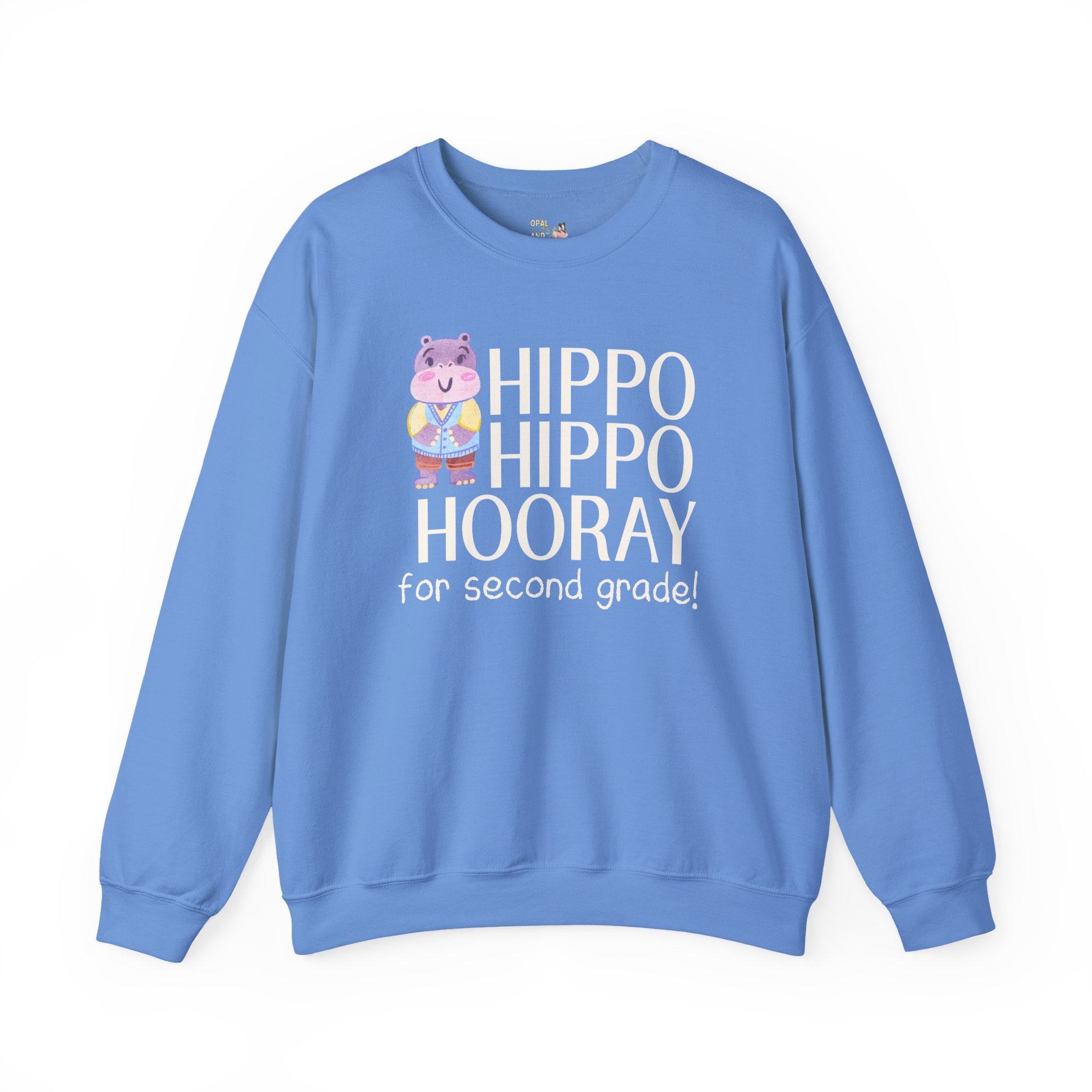 Second Grade Teacher Sweatshirt with Adorable Retro Hippo, Funny Back to School Teacher Team Crewneck for Animal Lover, New Teacher Gift - Opal and June