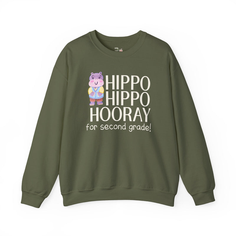 Second Grade Teacher Sweatshirt with Adorable Retro Hippo, Funny Back to School Teacher Team Crewneck for Animal Lover, New Teacher Gift - Opal and June