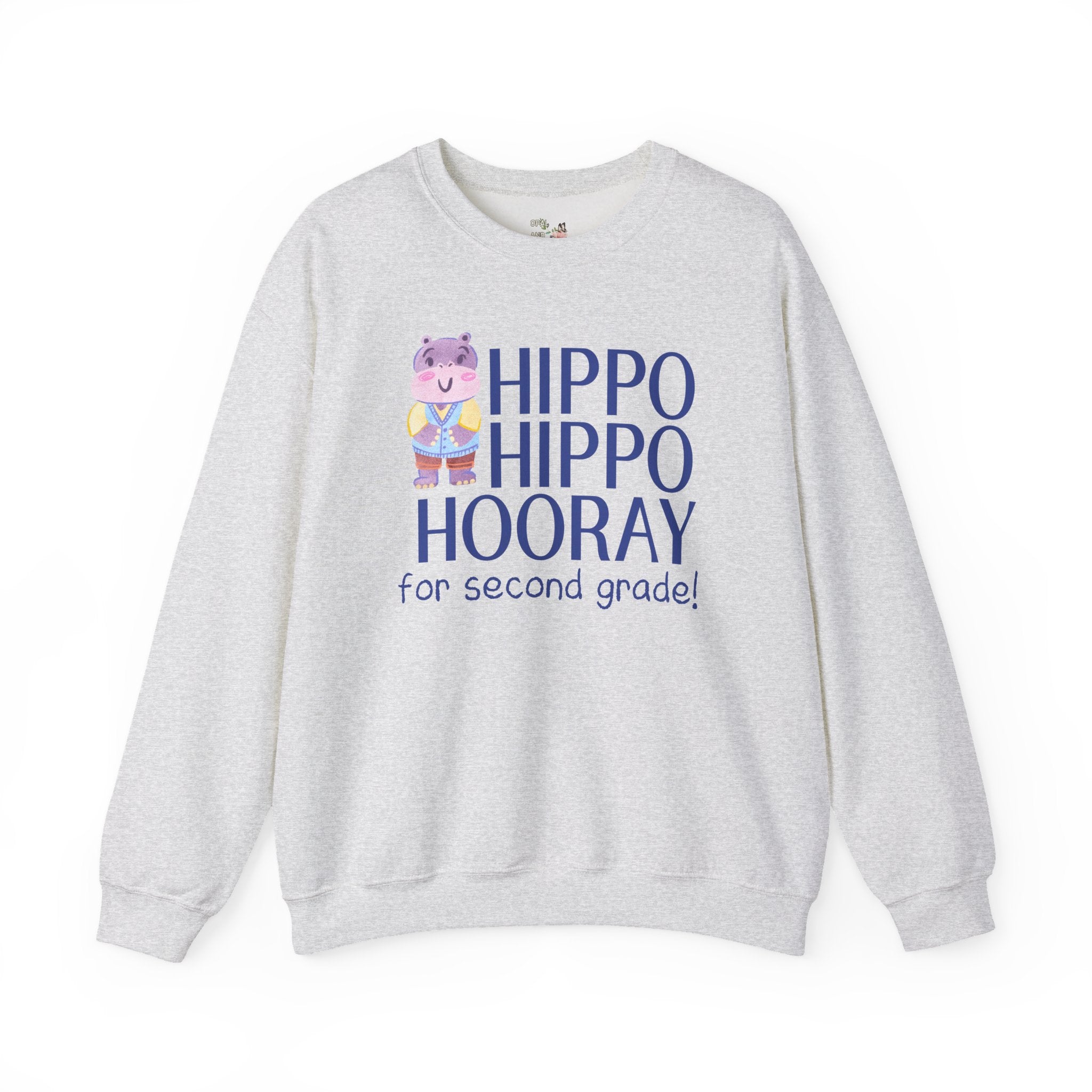 Second Grade Teacher Sweatshirt with Adorable Retro Hippo, Funny Back to School Teacher Team Crewneck for Animal Lover, New Teacher Gift - Opal and June