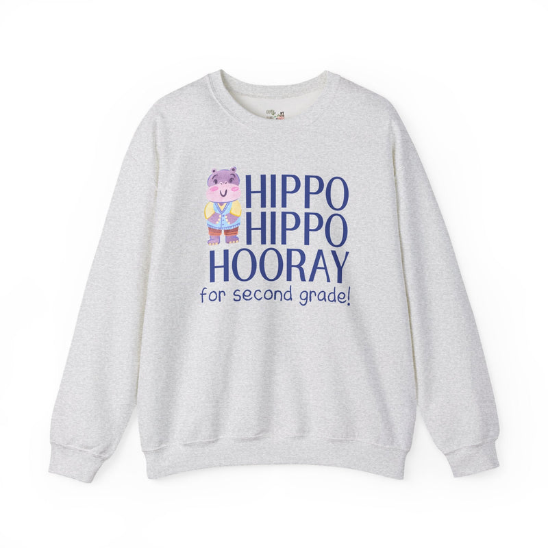 Second Grade Teacher Sweatshirt with Adorable Retro Hippo, Funny Back to School Teacher Team Crewneck for Animal Lover, New Teacher Gift - Opal and June