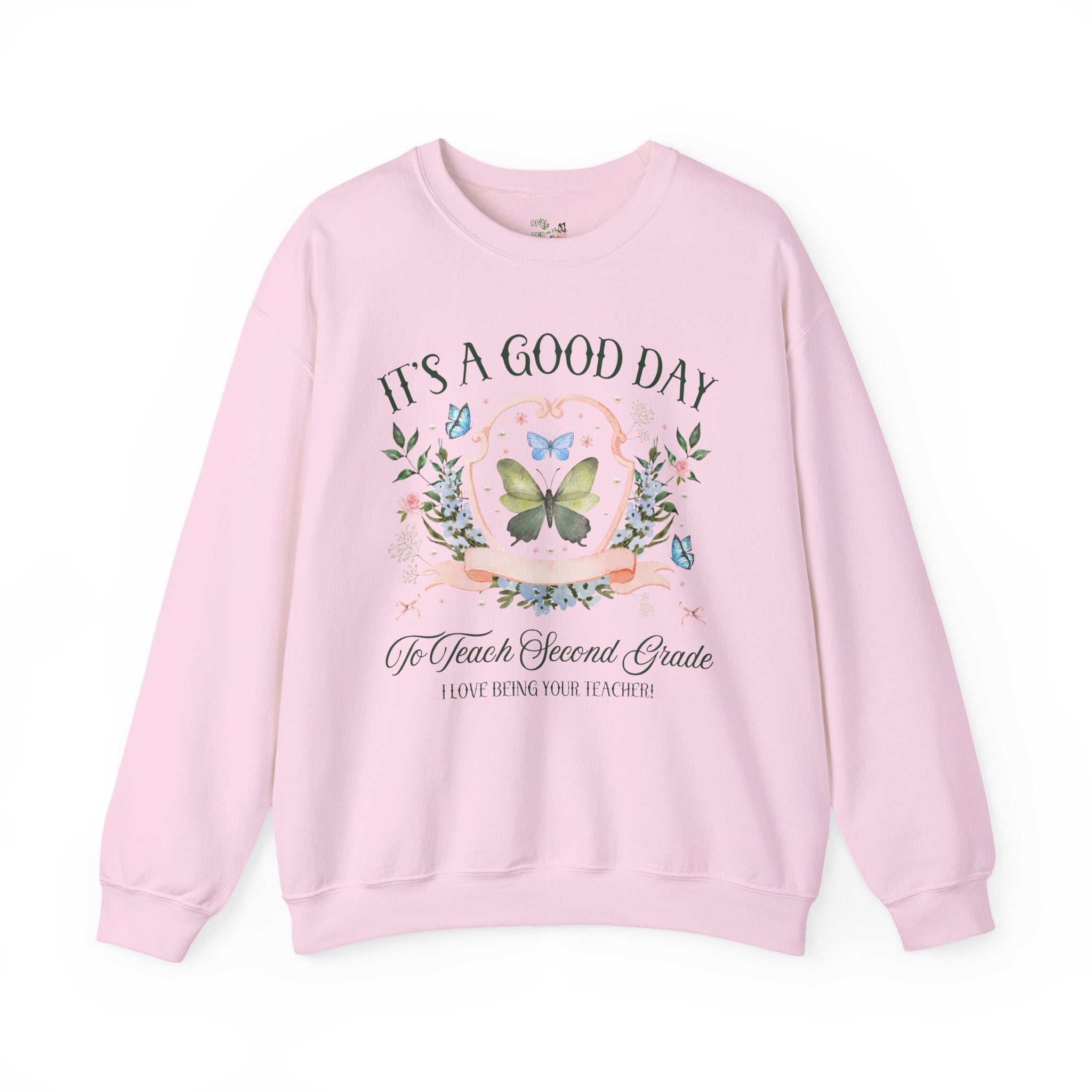 Second Grade Teacher Sweatshirt with Butterflies and Flowers: Floral Cottagecore Gift for Student Teacher, Second Grade Crew Matching Shirt - Opal and June
