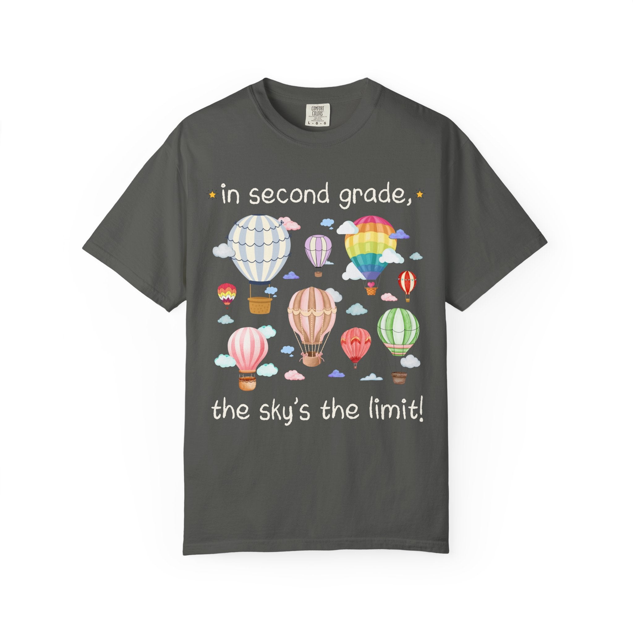 Second Grade Teacher T-Shirt with Cute Retro Hot Air Balloons, Uplifting Colorful Maximalist Back to School Matching Teacher Tee with Clouds - Opal and June