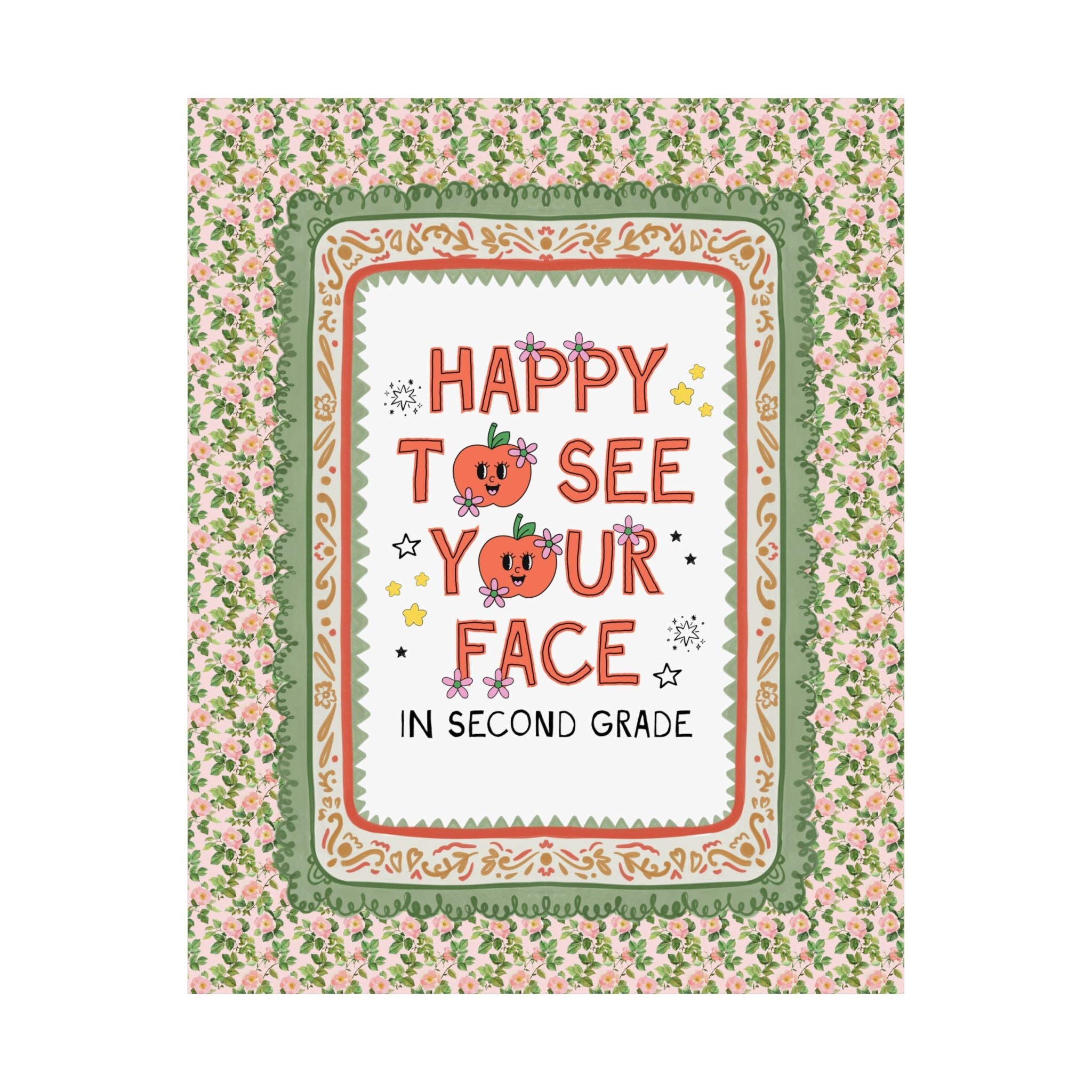 Second Grade Teacher Team Poster: Happy to See Your Face | Cute Classroom Print with Retro Apples and Flowers, First Day of School Gift - Opal and June