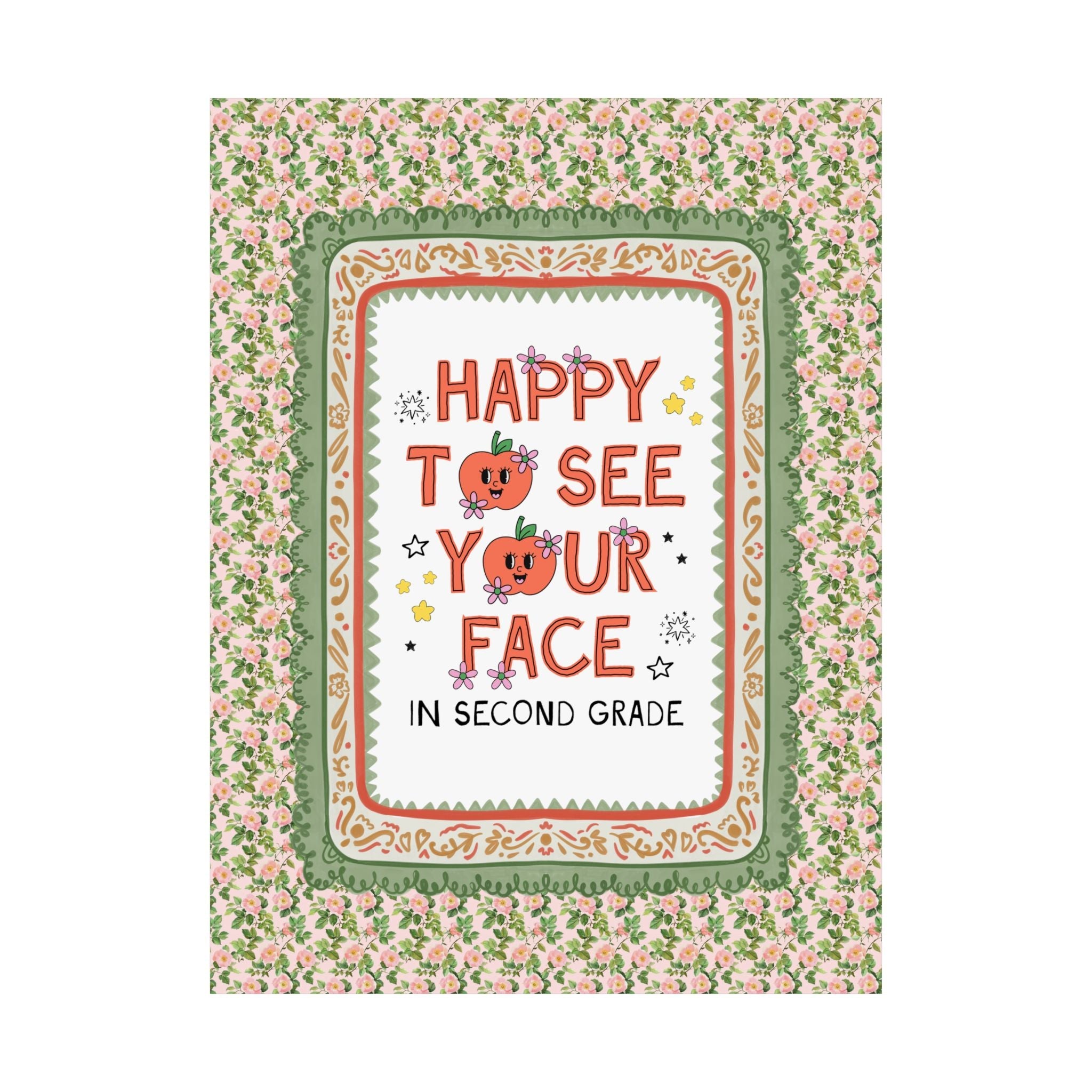 Second Grade Teacher Team Poster: Happy to See Your Face | Cute Classroom Print with Retro Apples and Flowers, First Day of School Gift - Opal and June