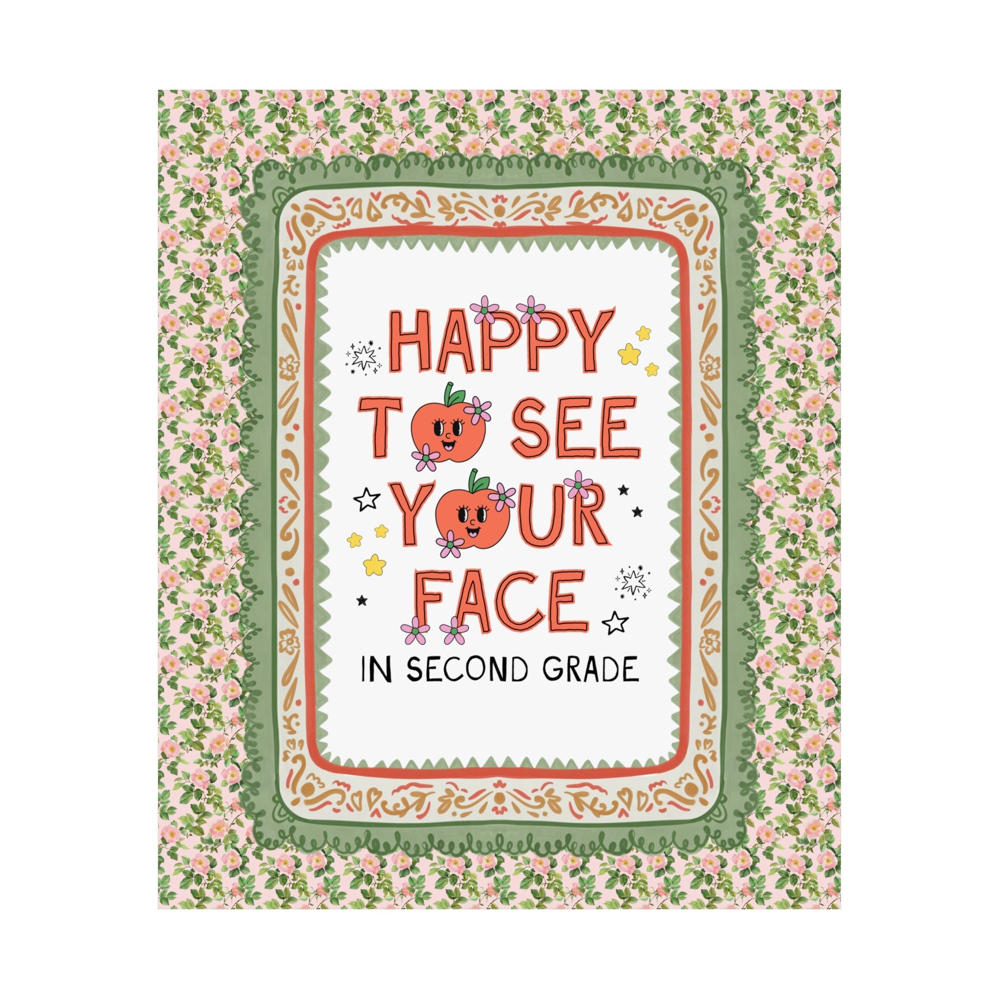 Second Grade Teacher Team Poster: Happy to See Your Face | Cute Classroom Print with Retro Apples and Flowers, First Day of School Gift - Opal and June