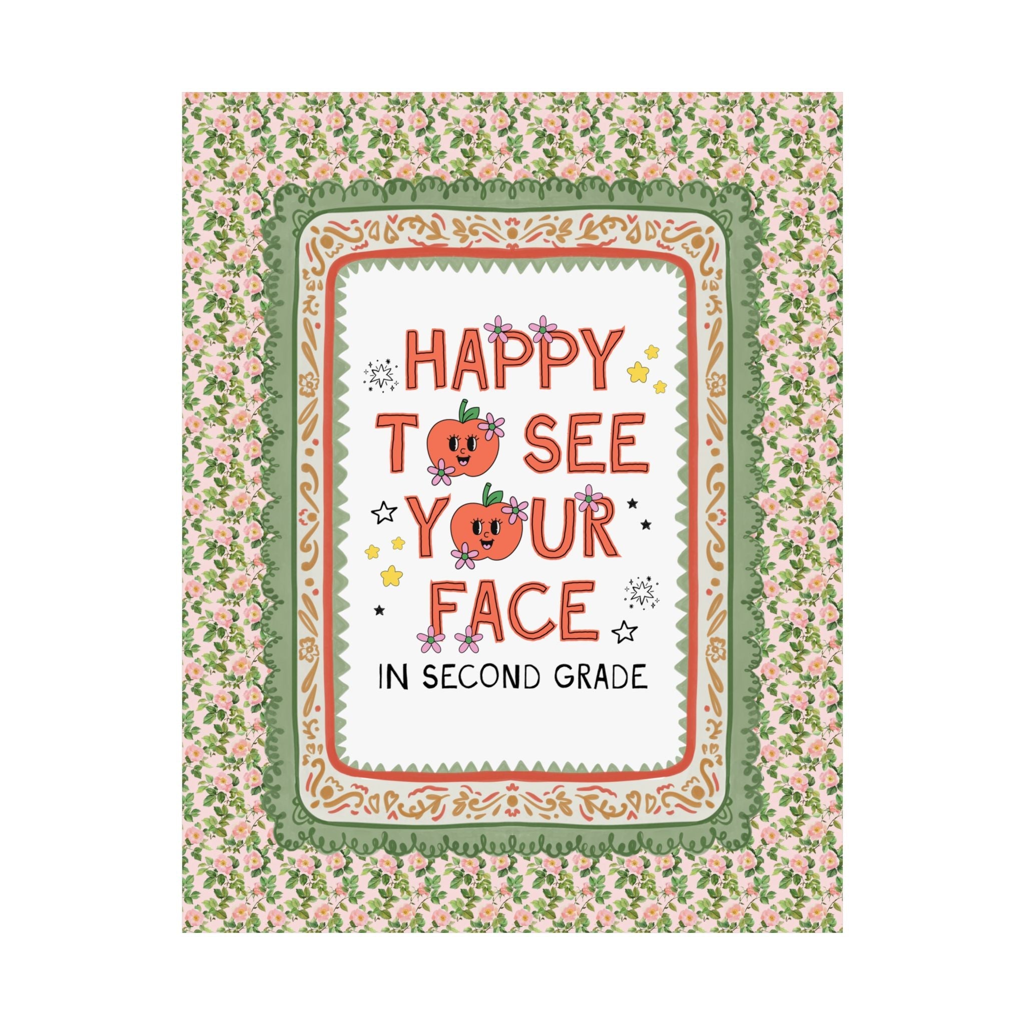 Second Grade Teacher Team Poster: Happy to See Your Face | Cute Classroom Print with Retro Apples and Flowers, First Day of School Gift - Opal and June
