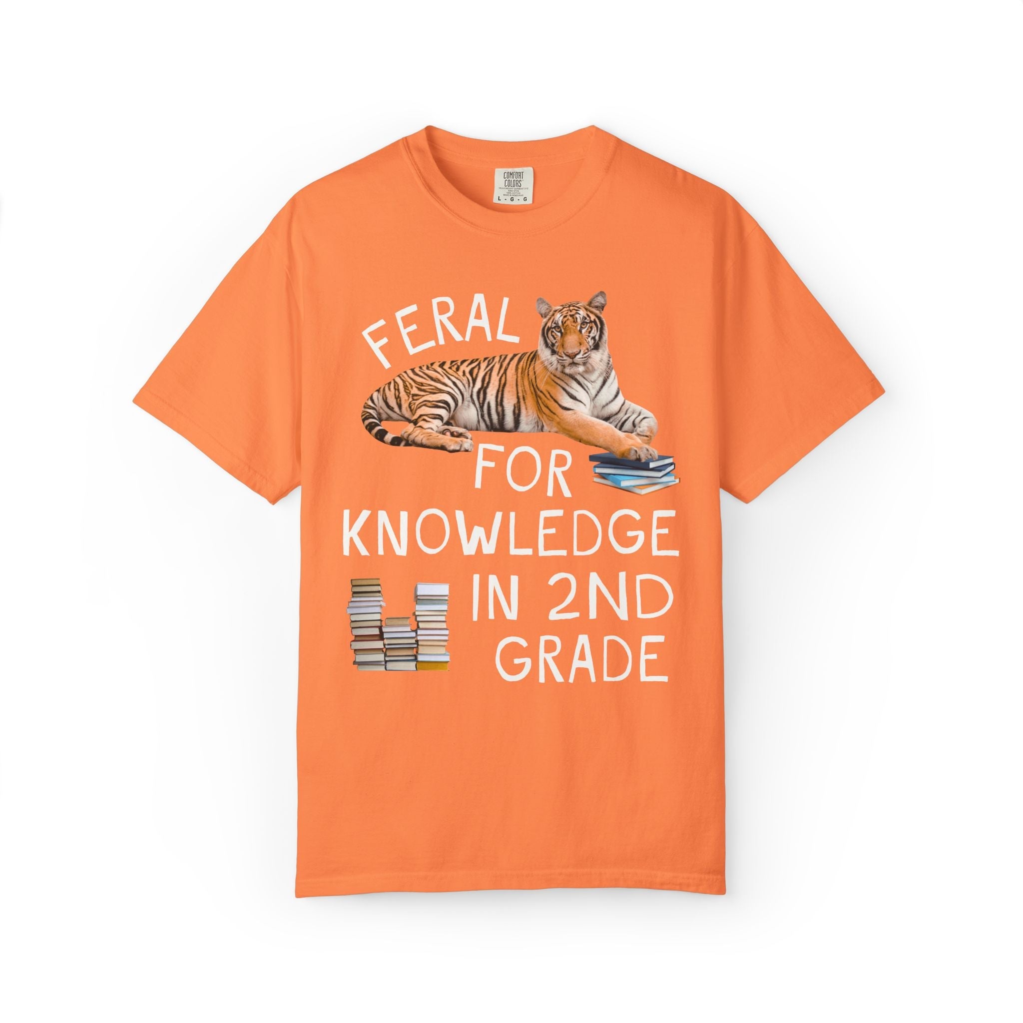 Second Grade Teacher Team Shirt: Feral for Knowledge in 2nd Grade, Silly Animal Lover T-Shirt with Tiger Holding Books, Matching Teacher Tee - Opal and June