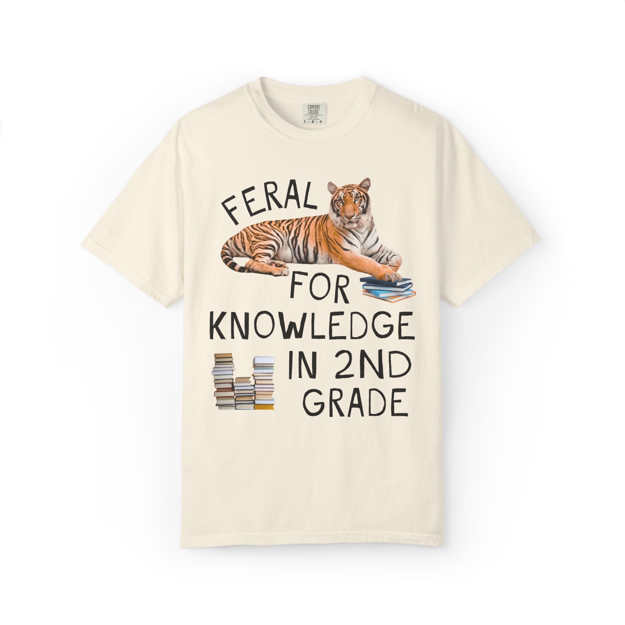 Second Grade Teacher Team Shirt: Feral for Knowledge in 2nd Grade, Silly Animal Lover T-Shirt with Tiger Holding Books, Matching Teacher Tee - Opal and June