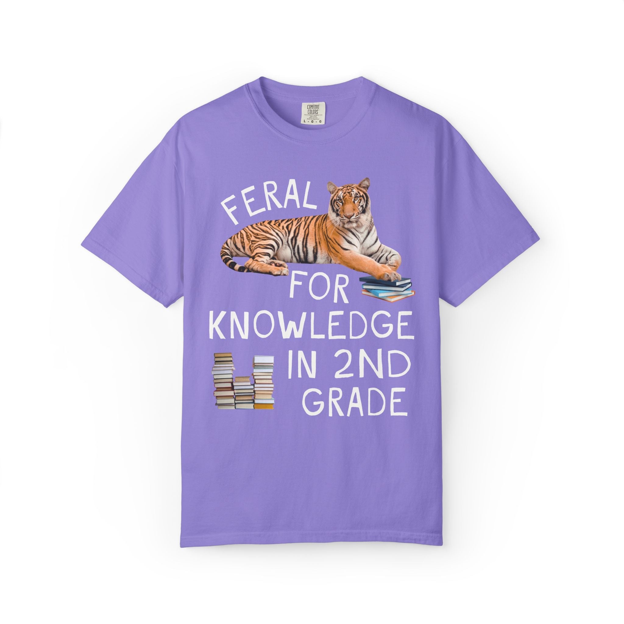 Second Grade Teacher Team Shirt: Feral for Knowledge in 2nd Grade, Silly Animal Lover T-Shirt with Tiger Holding Books, Matching Teacher Tee - Opal and June