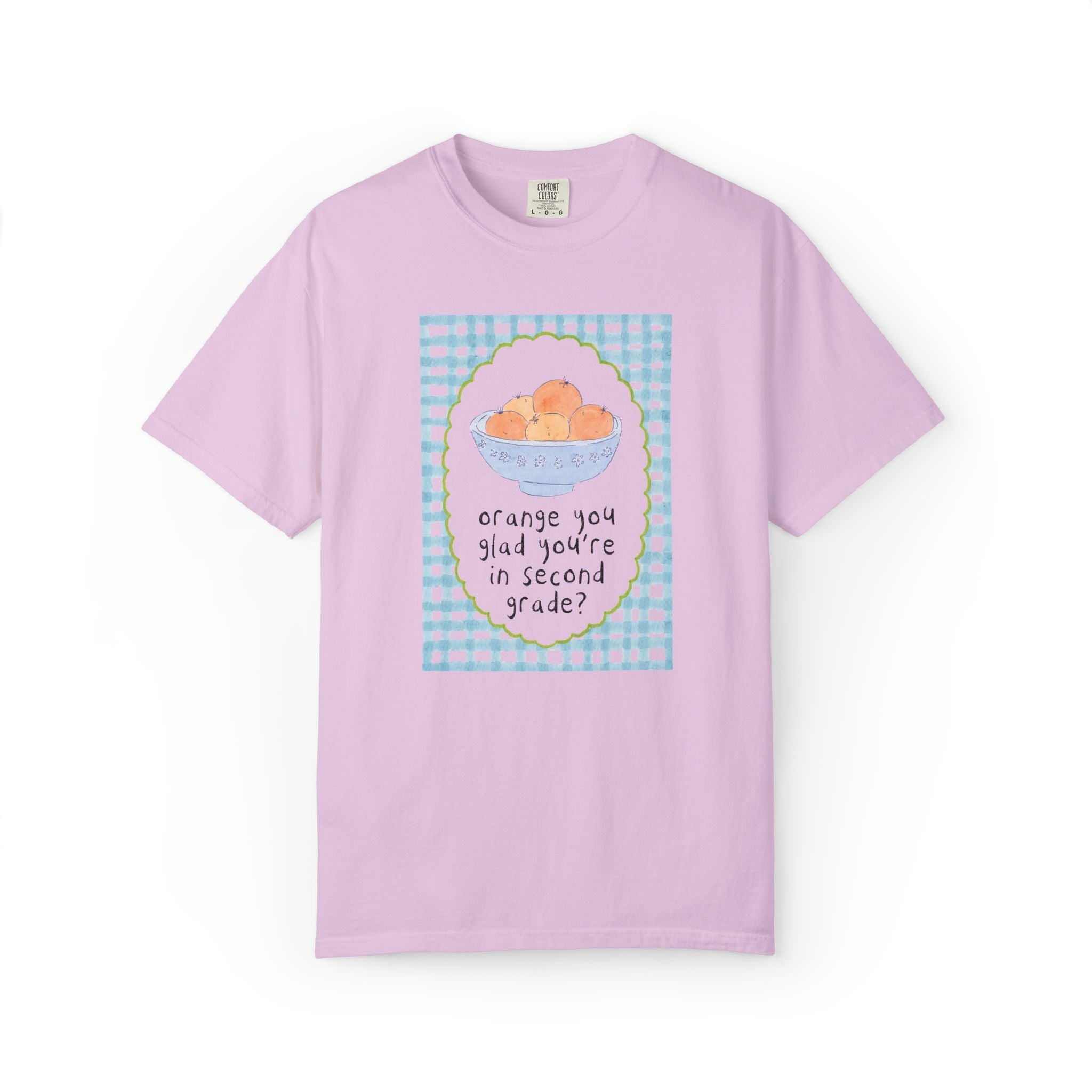 Second Grade Teacher Tee: Orange You Glad Matching Teacher Tee Shirt, Silly and Cute Back to School Tee with Blue Gingham and Oranges in a Bowl - Opal and June