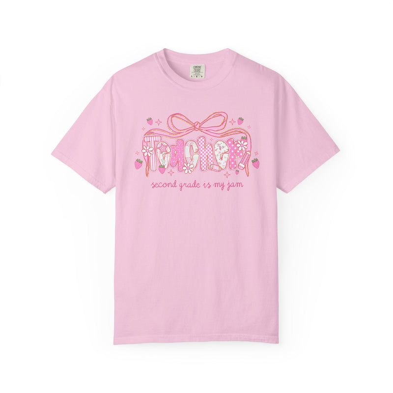 Second Grade Teacher Tee Shirt for Second Grade Squad or Crew, Floral Boho Strawberry T-Shirt with Messy Coquette Bow, Fruit Lover Teacher - Opal and June