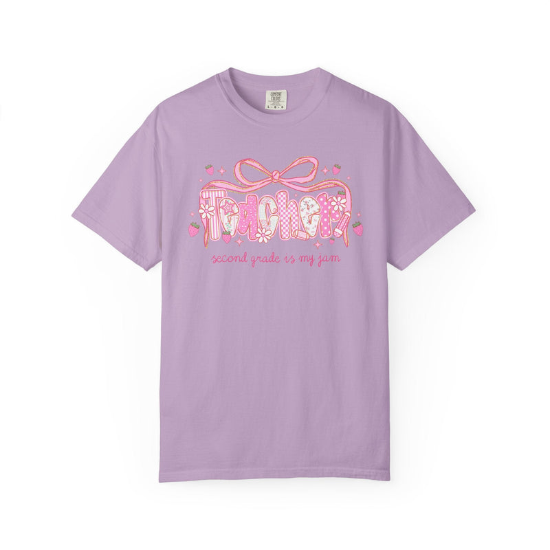 Second Grade Teacher Tee Shirt for Second Grade Squad or Crew, Floral Boho Strawberry T-Shirt with Messy Coquette Bow, Fruit Lover Teacher - Opal and June