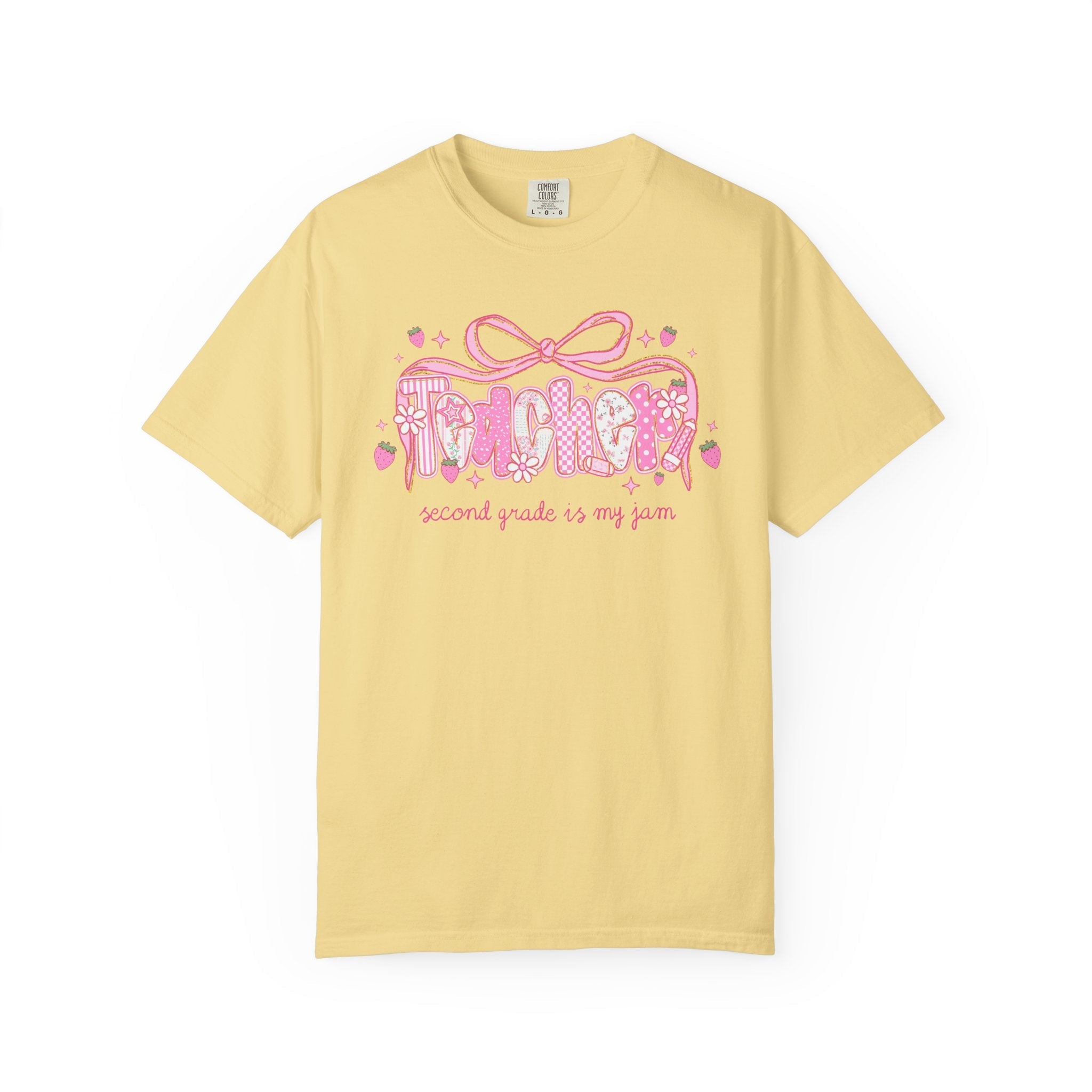 Second Grade Teacher Tee Shirt for Second Grade Squad or Crew, Floral Boho Strawberry T-Shirt with Messy Coquette Bow, Fruit Lover Teacher - Opal and June